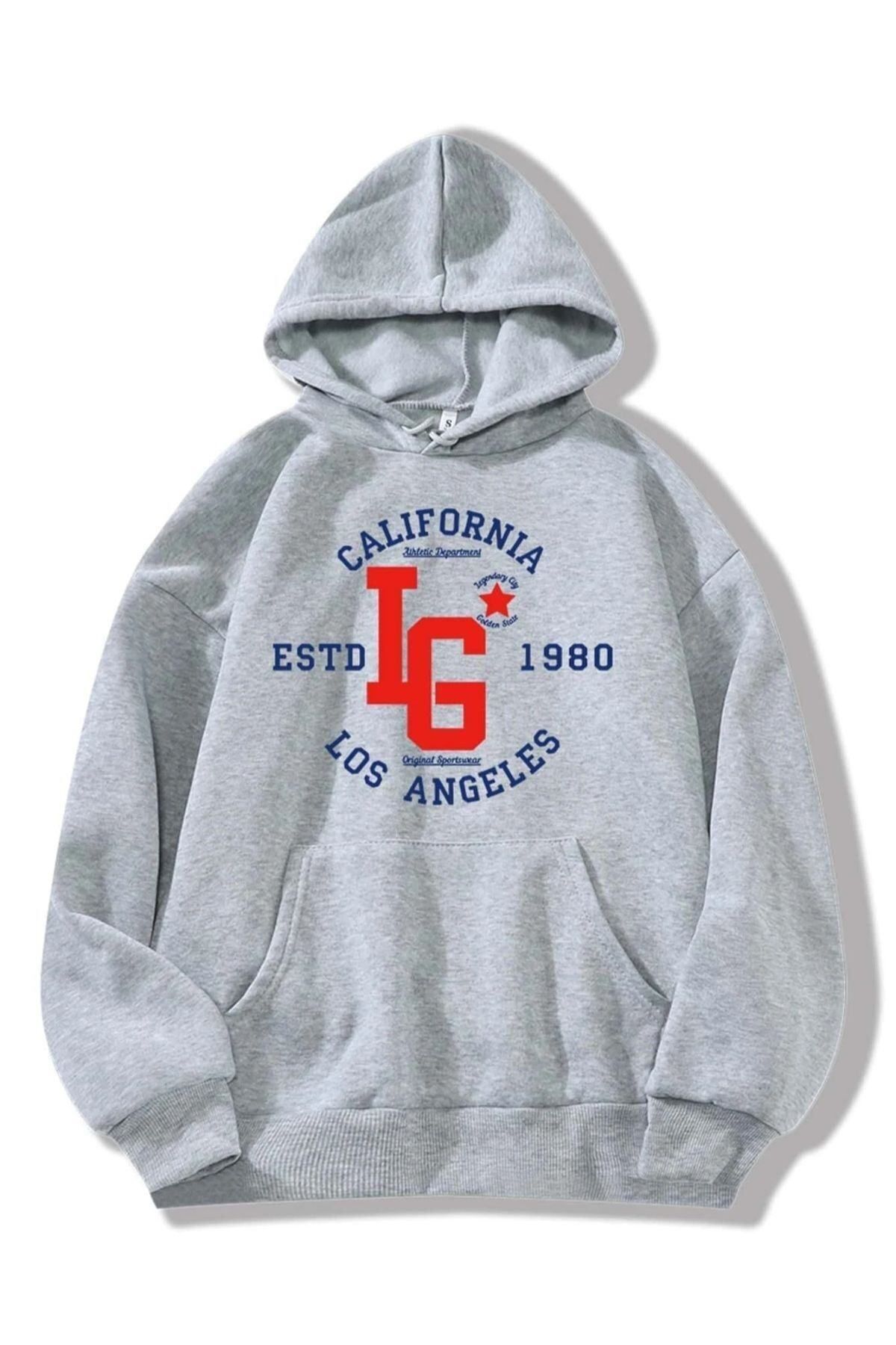 GIANTSTORE Unisex Gri Calıfornıa 1980 Baskılı Kapüşonlu Oversize Sweatshirt