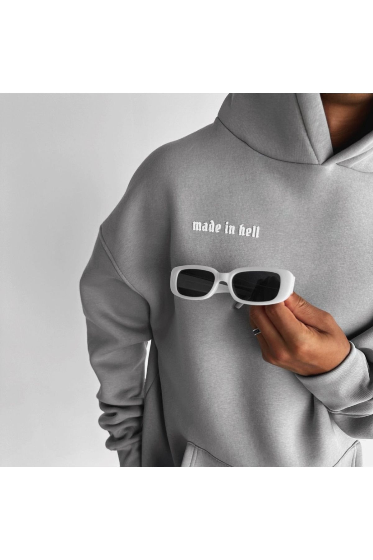 GIANTSTORE Gri Made in Hell Baskılı Kapüşonlu Oversize Sweatshirt Erkek