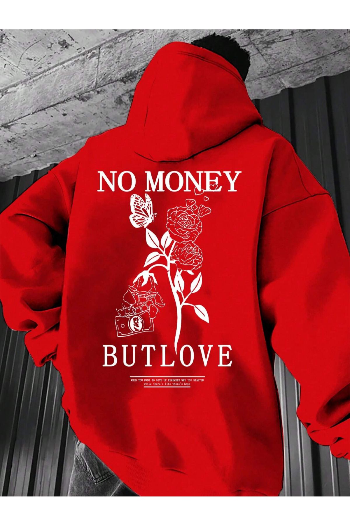 GIANTSTORE Kırmızı No Money But Love Baskılı Oversize Kapüşonlu Erkek Sweatshirt