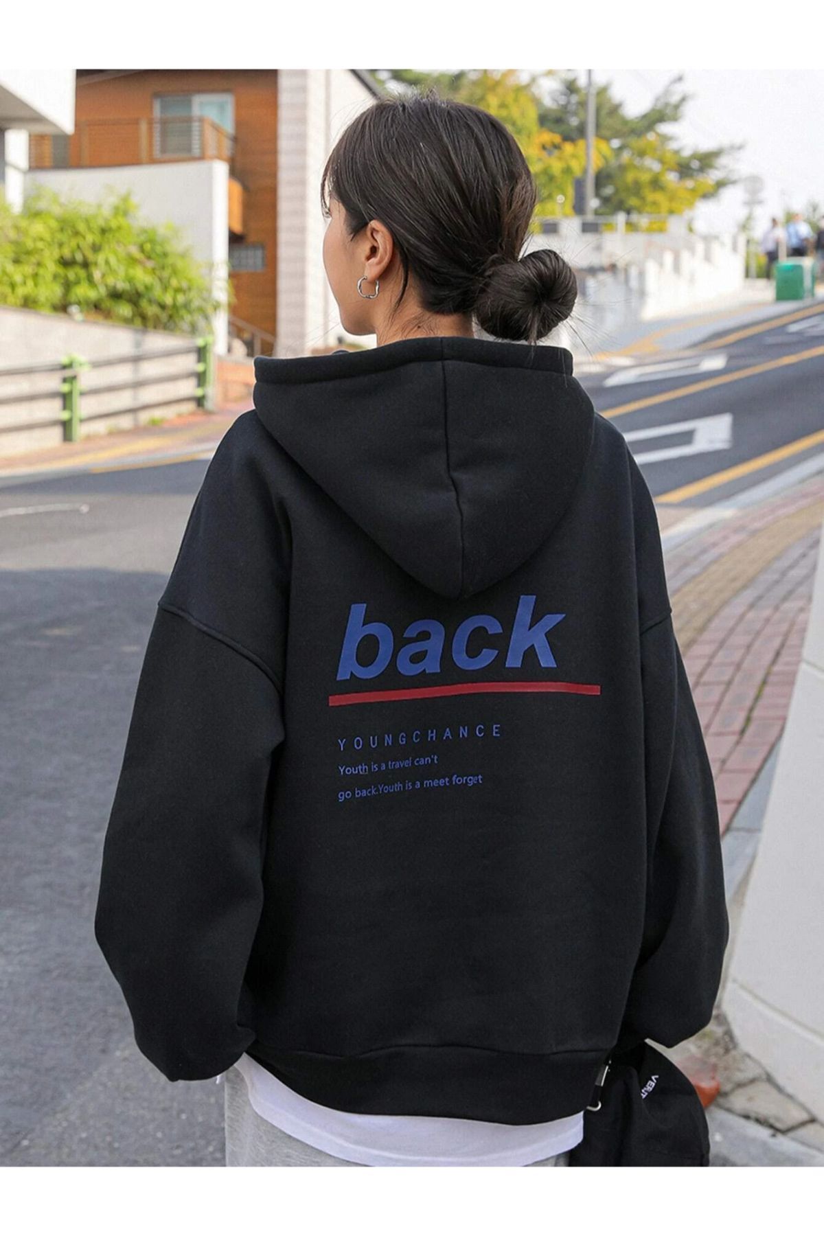 GIANTSTORE Kadın Siyah Back Baskılı Oversize Kapüşonlu Sweatshirt