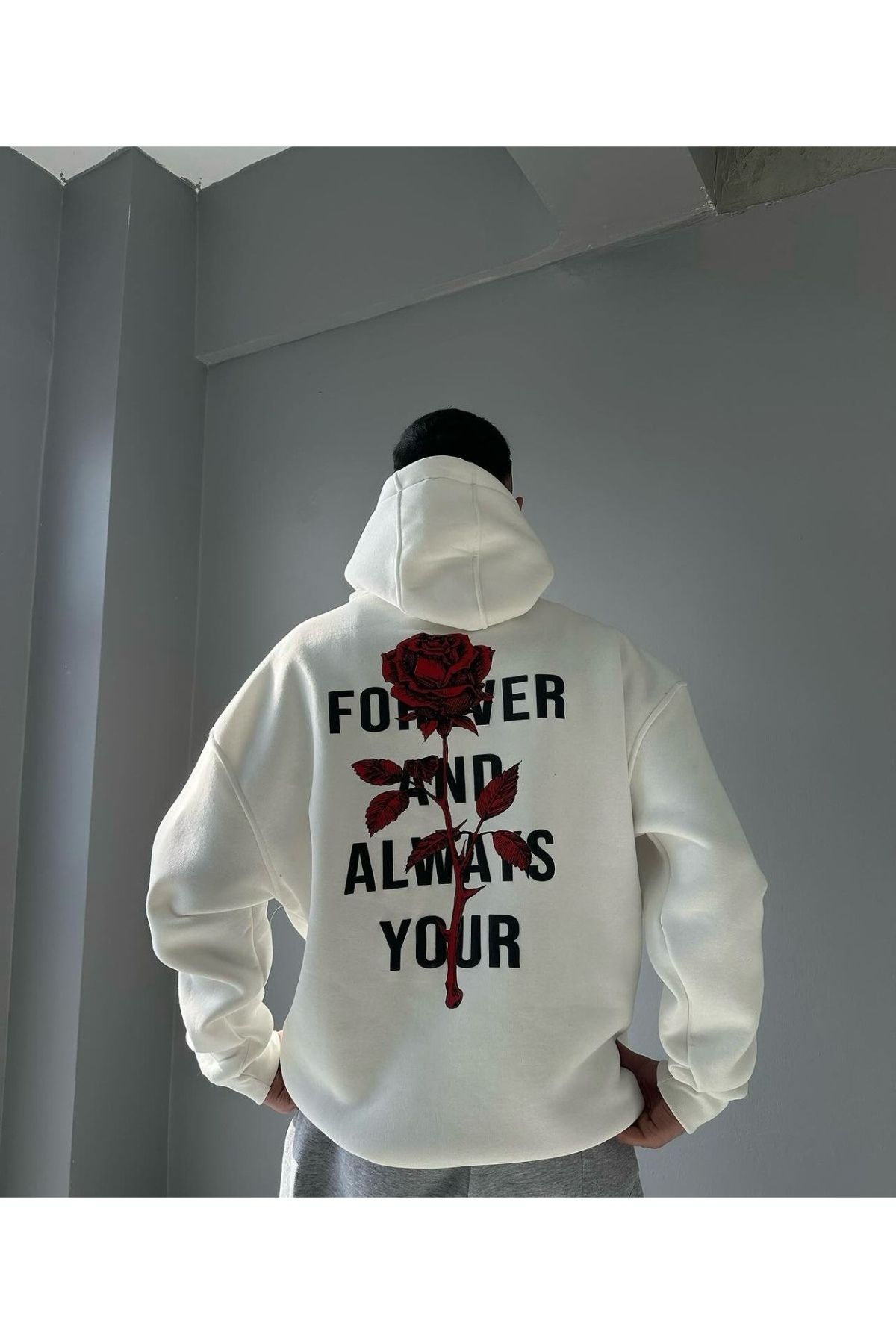GIANTSTORE Beyaz Forever And Always Your Gül Baskılı Kapüşonlu Oversize Sweatshirt Unisex