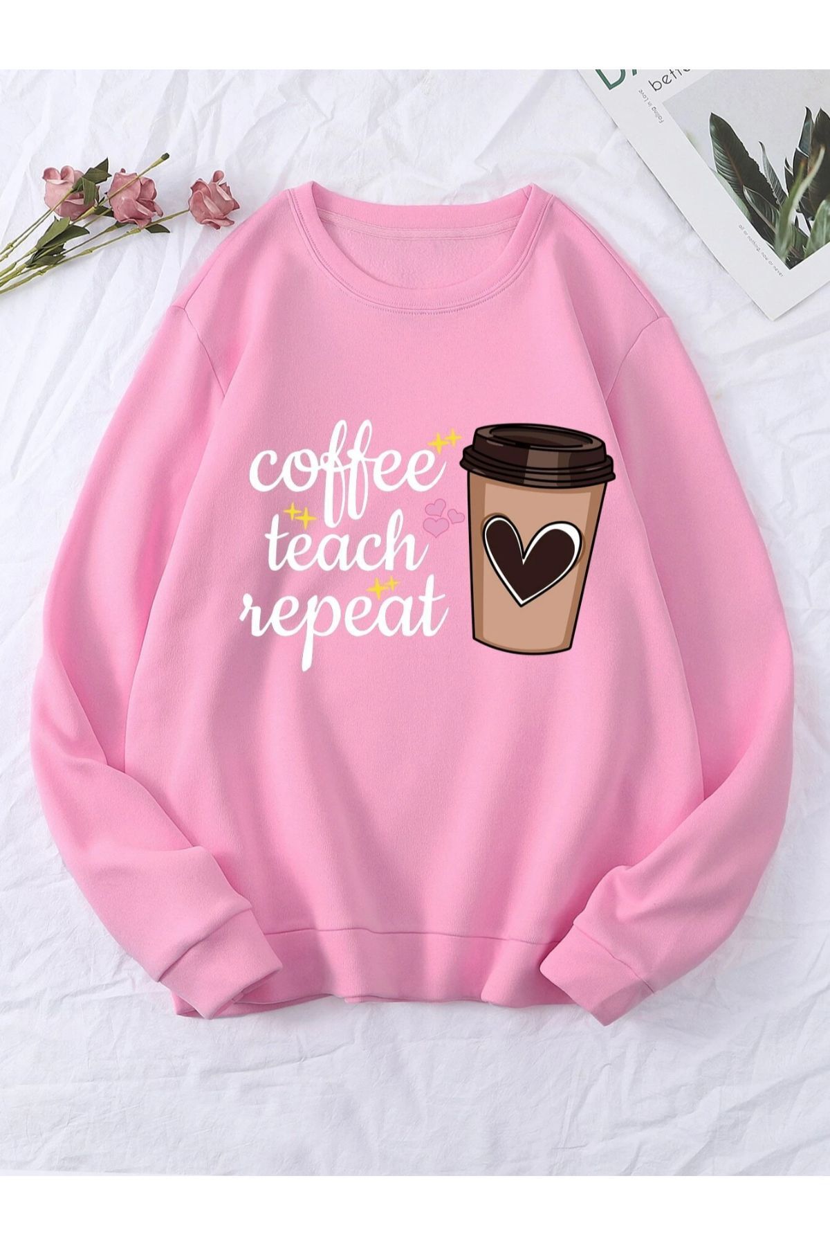 GIANTSTORE Pembe Coffee Teach Baskılı Oversize Bisiklet Yaka Kadın Sweatshirt