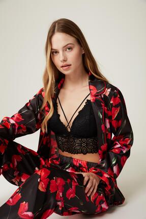 Missdore Raina-Red Flower Saten Pijama Takım Siyah