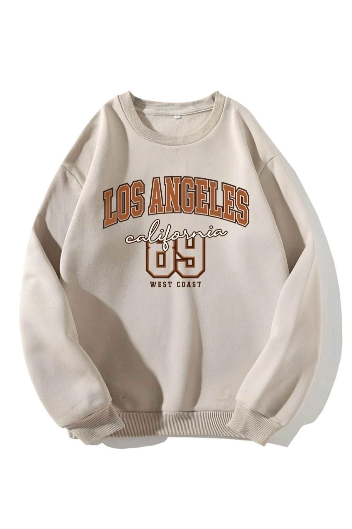 GIANTSTORE Unisex Bej Los Angeles 89 Baskılı Oversize Bisiklet Yaka Sweatshirt