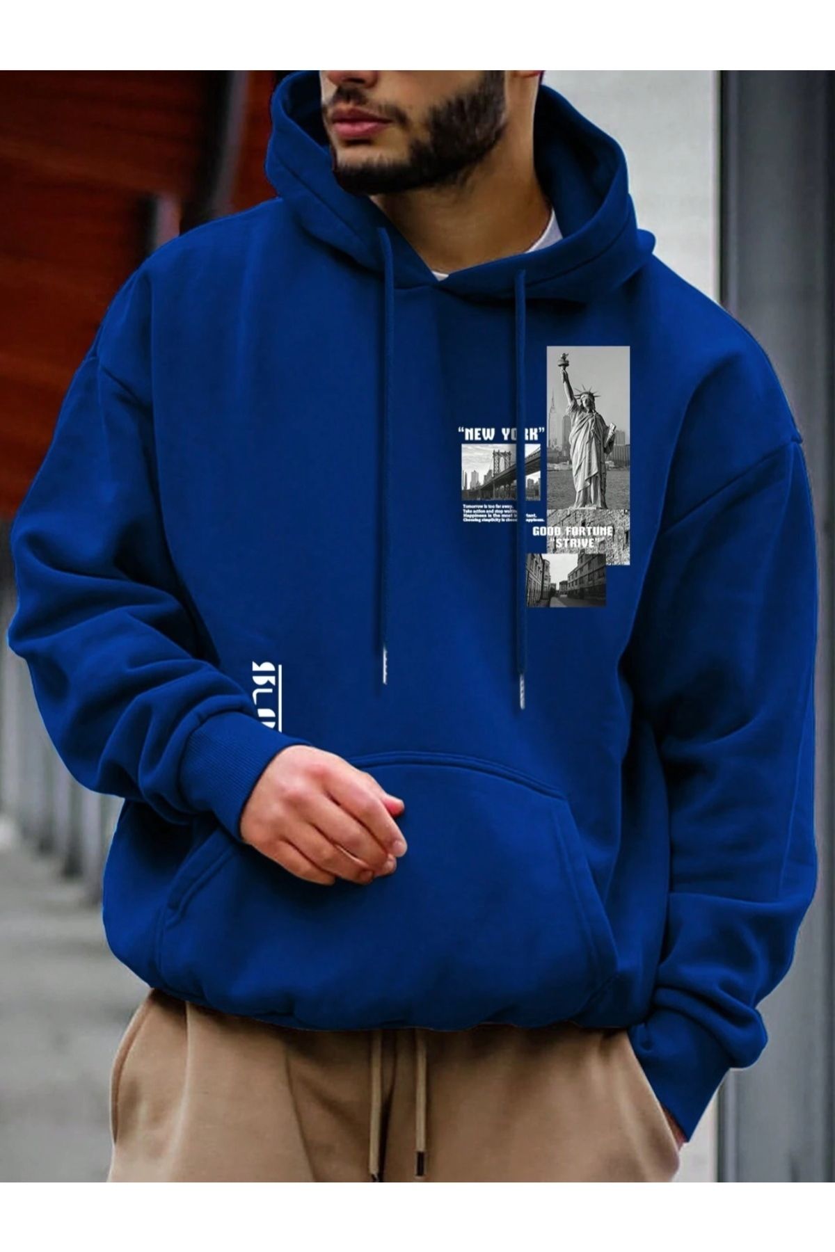 GIANTSTORE Sax Mavi Özgürlük Heykeli Baskılı Oversize Kapuşonlu Erkek Sweatshirt.