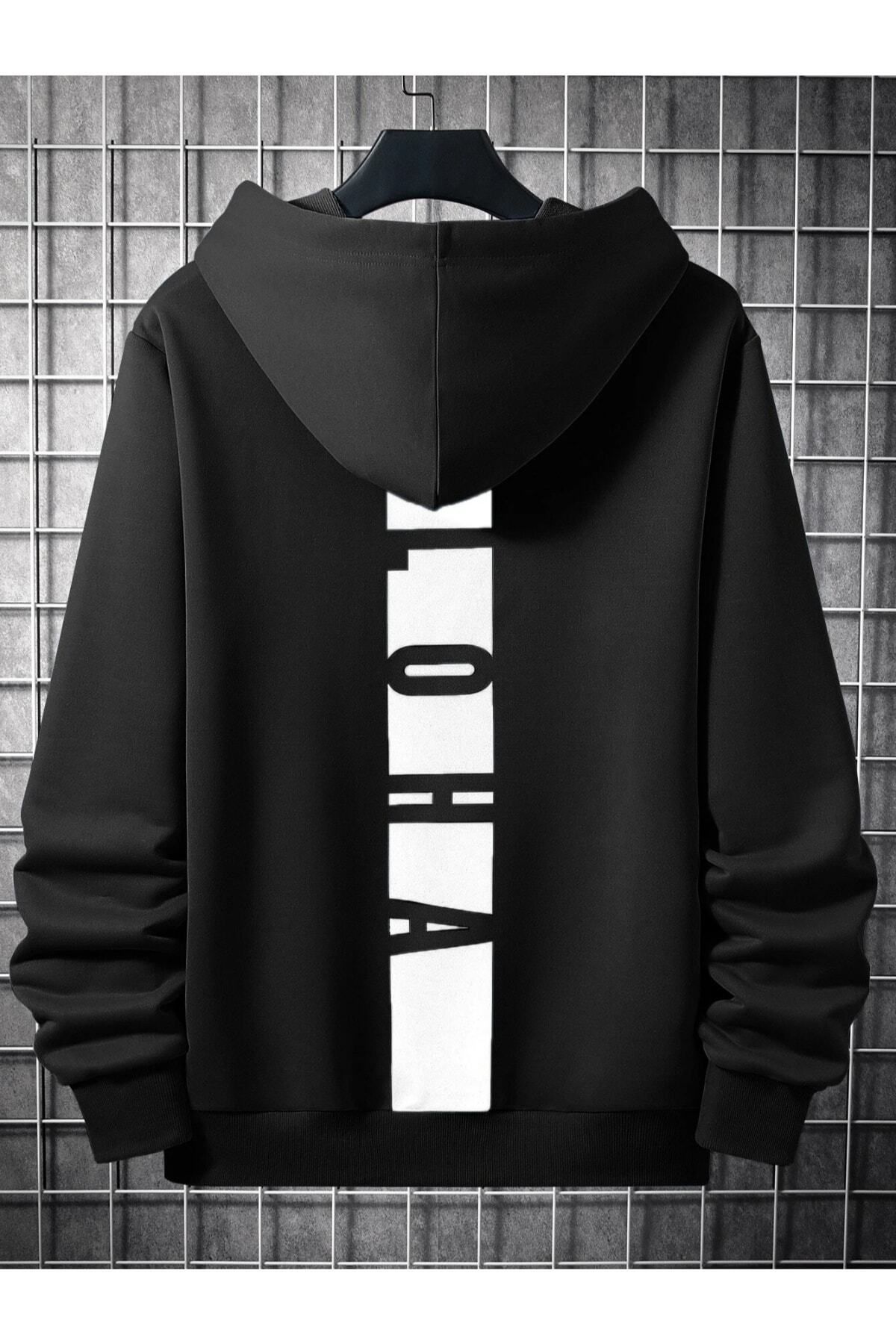 GIANTSTORE Siyah Sırt Aloha Baskılı Oversize Kapüşonlu Cepli Sweatshirt - Hoodie
