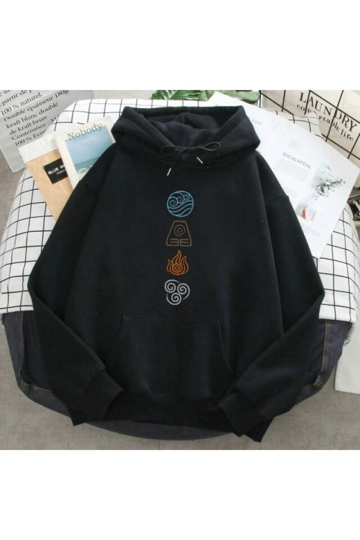 GIANTSTORE Molly Unisex Siyah Dört Element Baskılı Oversize Kapüşonlu Sweatshirt