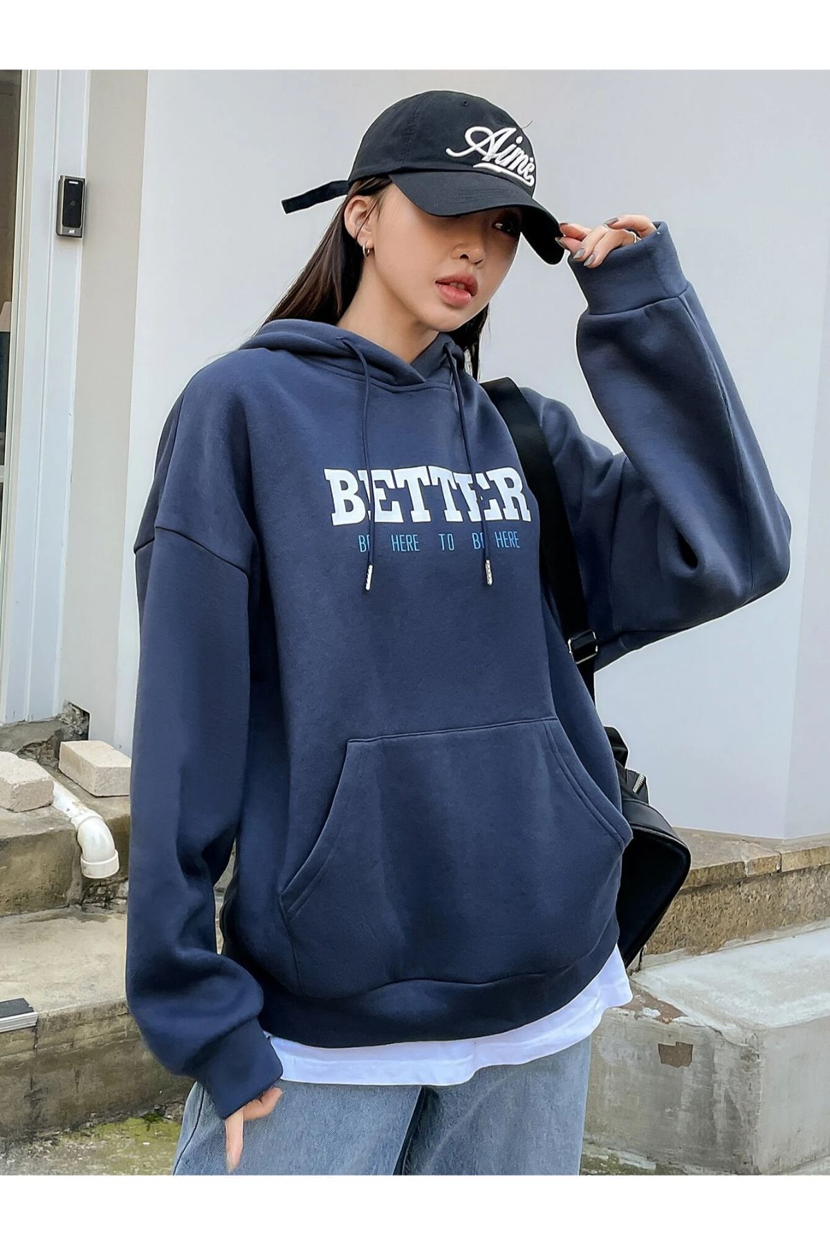 GIANTSTORE Kadın Lacivert Better Baskılı Oversize Kapüşonlu Sweatshirt