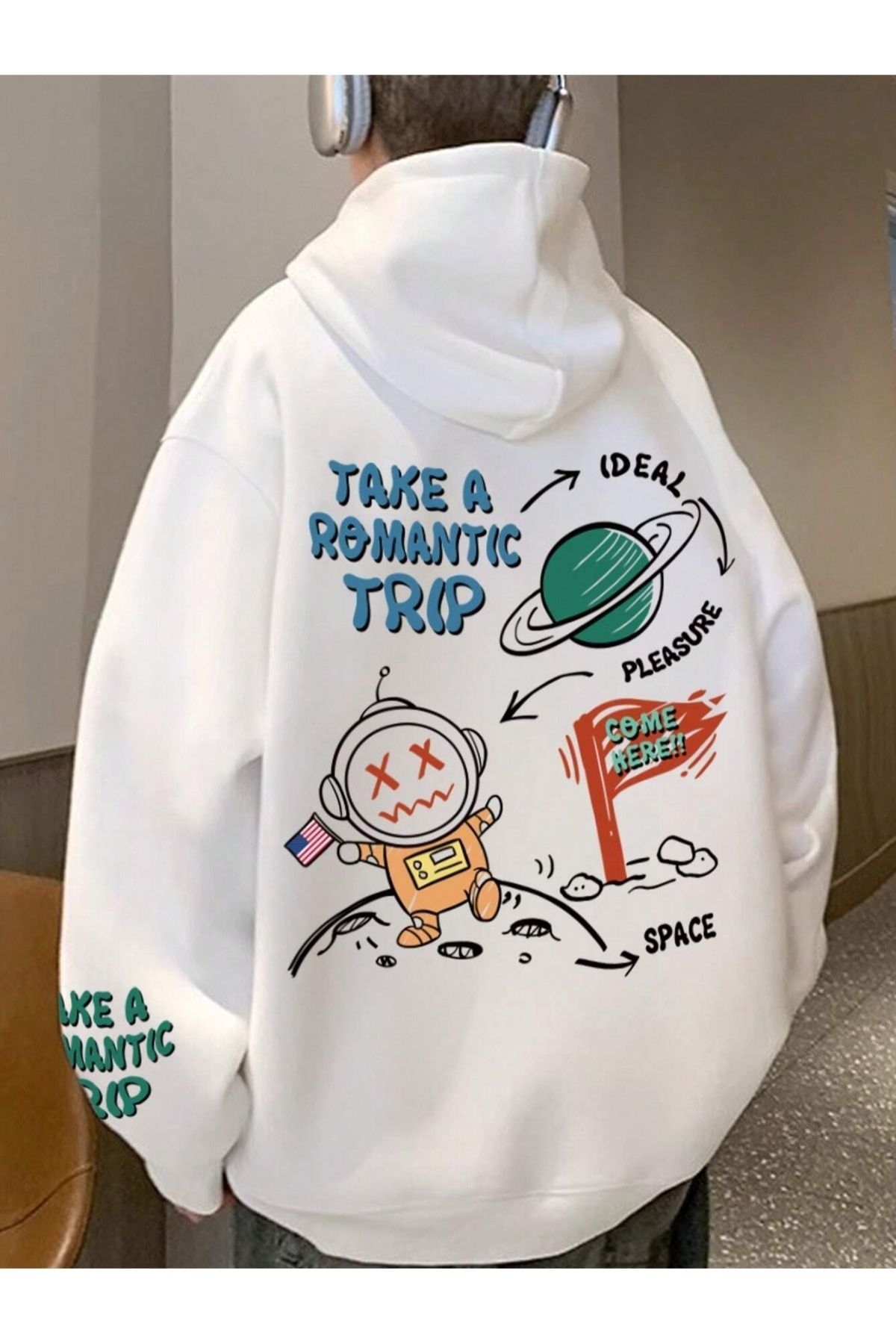GIANTSTORE Beyaz Takea Romantic Basklı Kapüşonlu Oversize Sweatshirt Erkek &