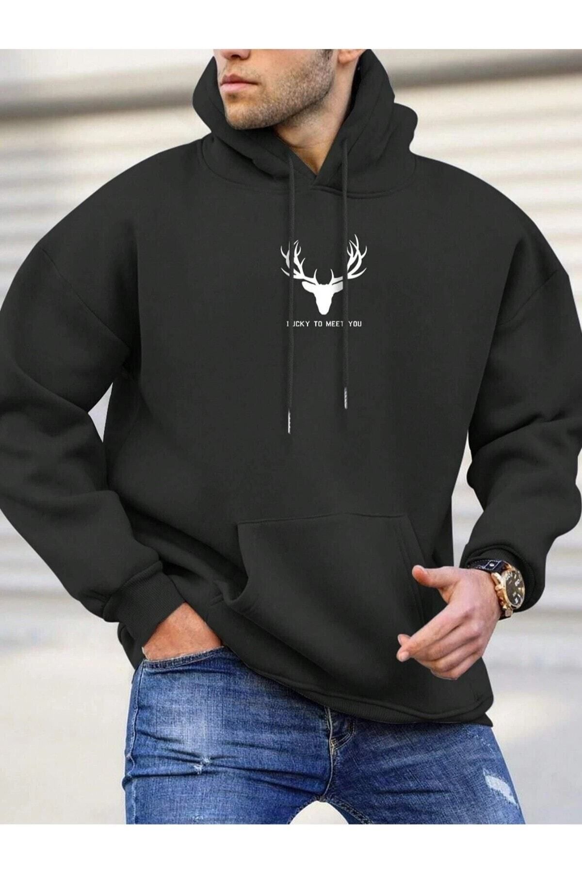 GIANTSTORE Siyah Geyik Baskılı Oversize Kapüşonlu Erkek Sweatshirt