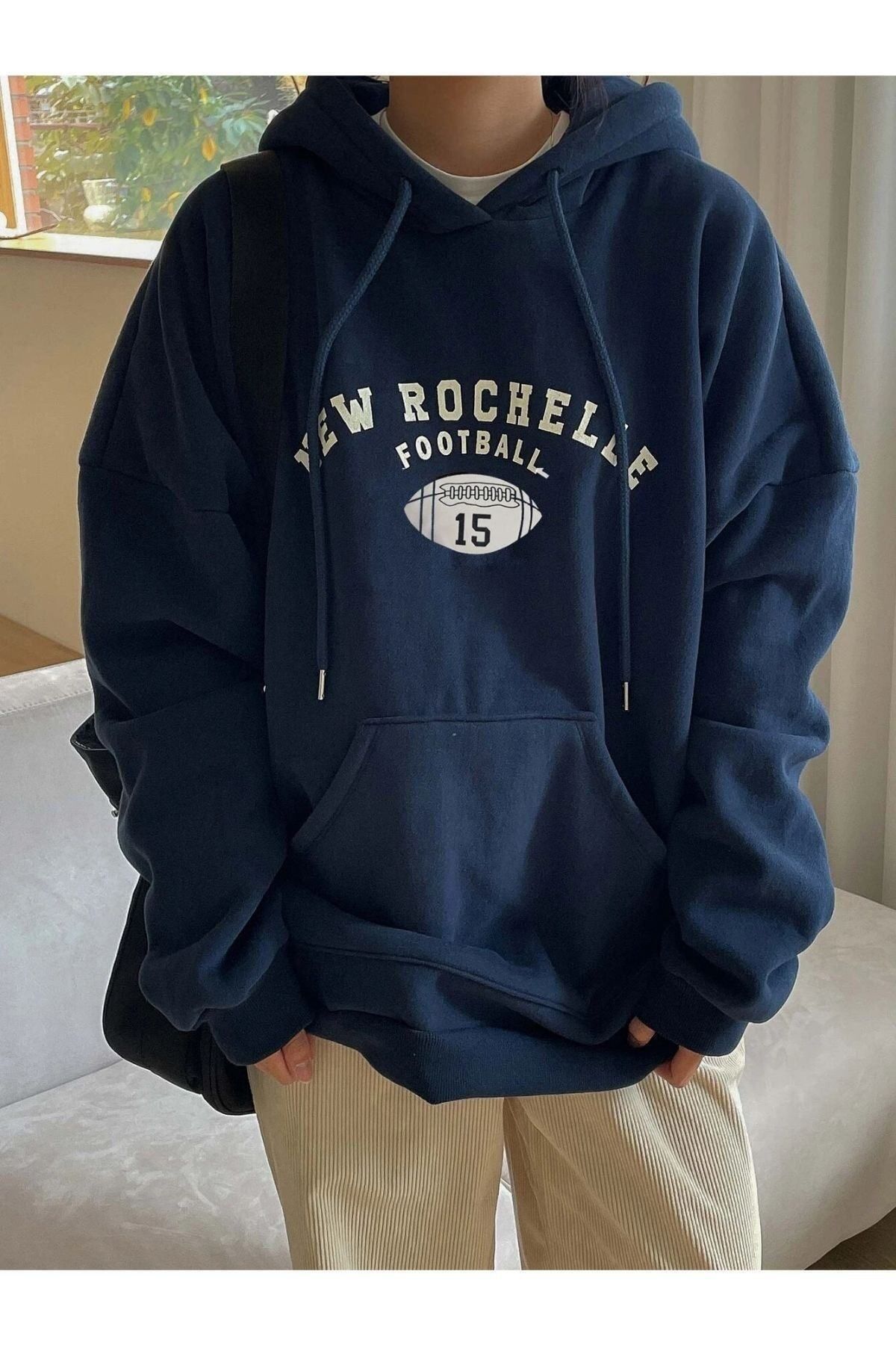 GIANTSTORE Kadın Lacivert Rochelle Yazı Baskılı Oversize Kapüşonlu Sweatshirt