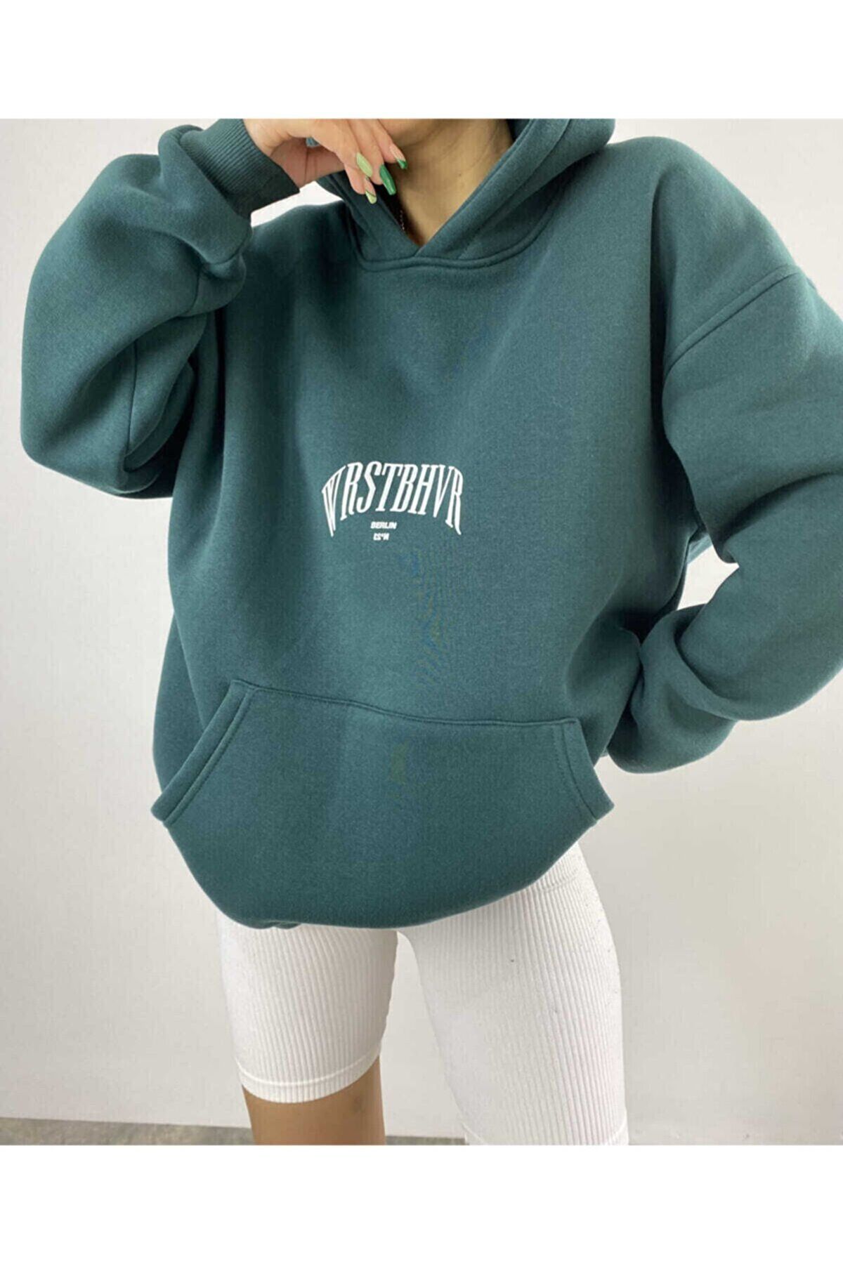 GIANTSTORE Kadın Yeşil Dont Annouce Baskılı Oversize Kapüşonlu Sweatshirt