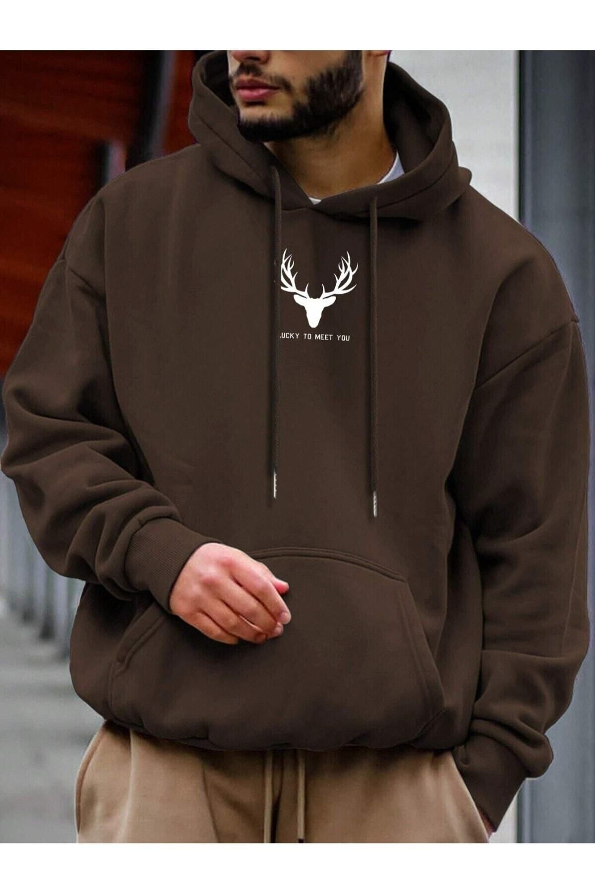 GIANTSTORE Kahverengi Geyik Baskılı Oversize Kapüşonlu Erkek Sweatshirt
