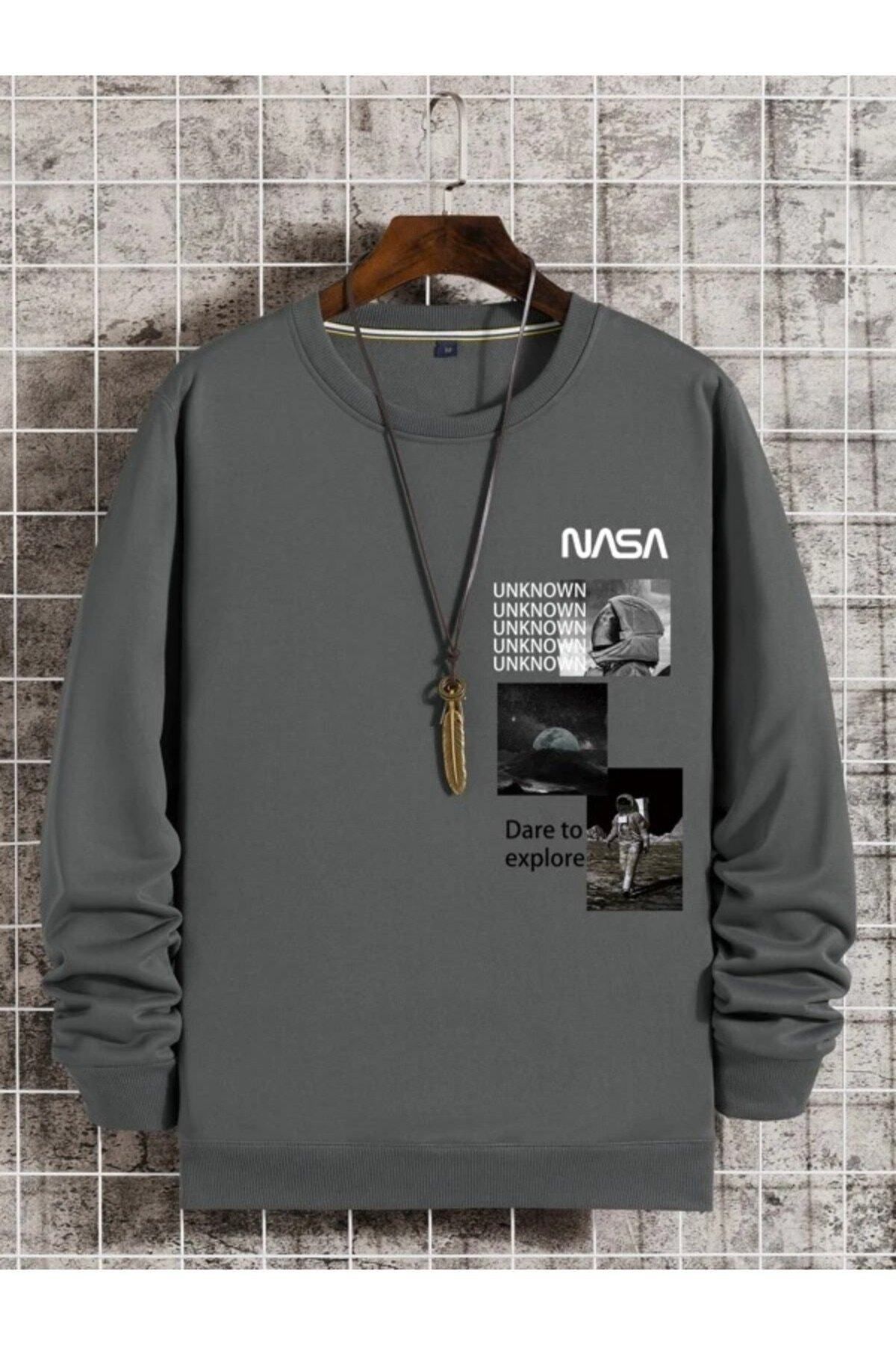 GIANTSTORE Unisex Antrasit Nasa Baskılı Bisiklet Yaka Sweatshirt