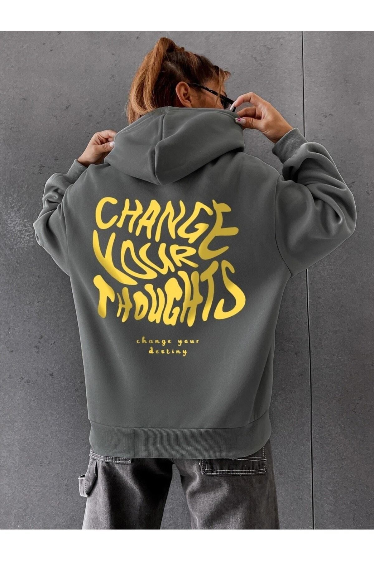 GIANTSTORE Kadın Antrasit Chance Your Thoght Baskılı Oversize Kapüşonlu Sweatshirt