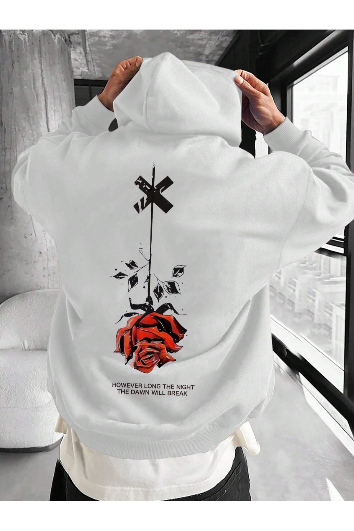 GIANTSTORE Beyaz The Dawn Baskılı Oversize Kapüşonlu Sweatshirt