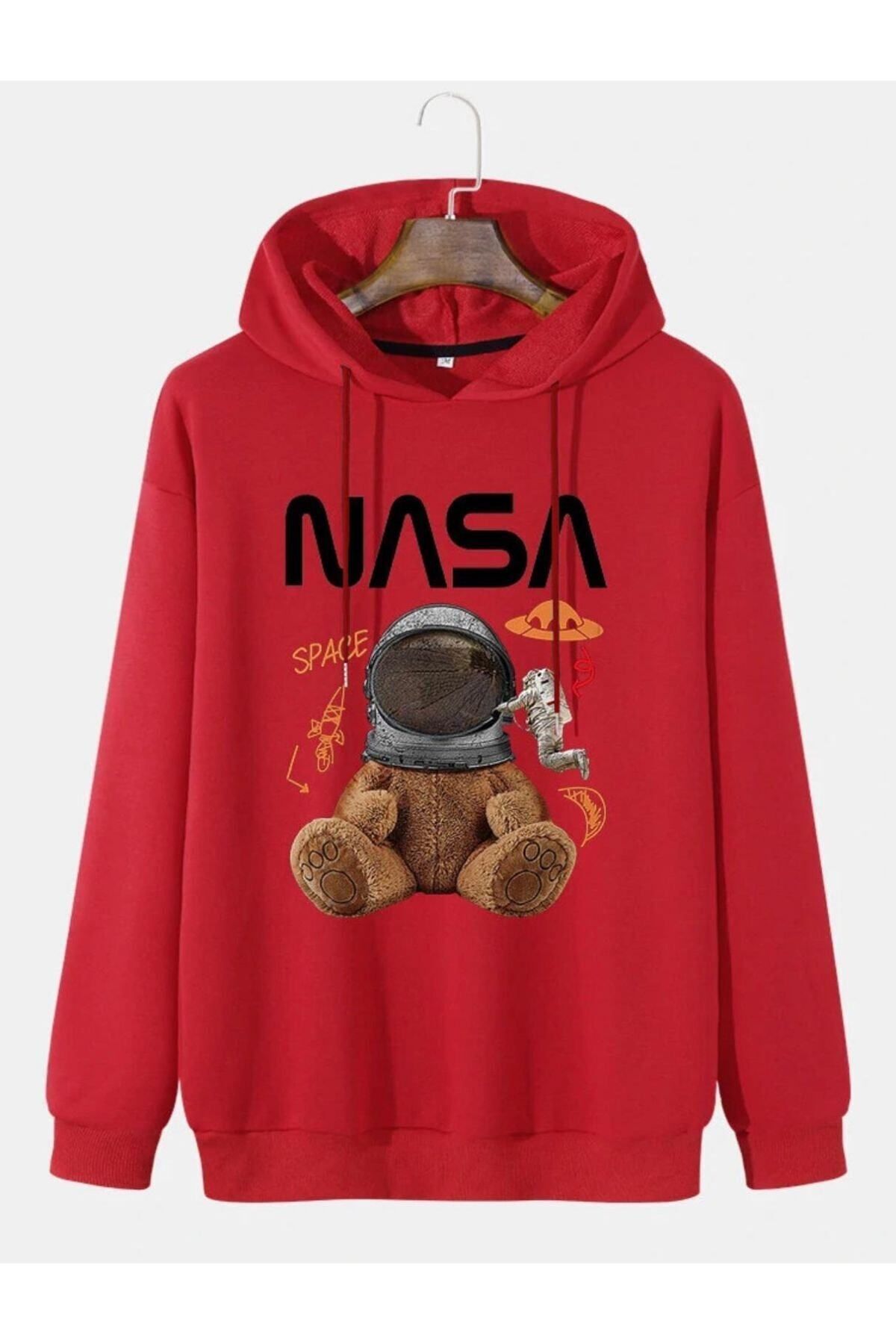GIANTSTORE Unisex Kırmızı Ayıcıklı Nasa Baskılı Sweatshirt