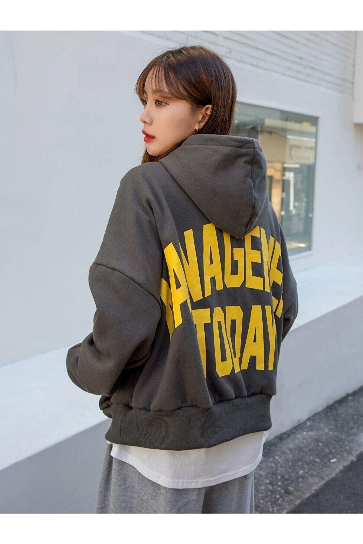 GIANTSTORE Kadın Antrasit 50 Management Baskılı Oversize Sweatshirt