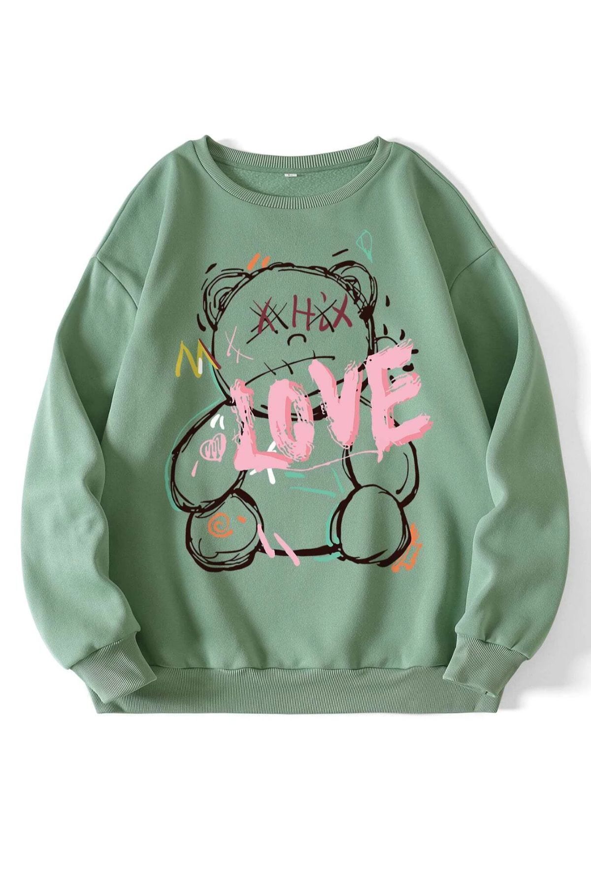 GIANTSTORE Unisex Mint Yeşil Love Bisiklet Yaka Baskılı Oversize Sweatshirt