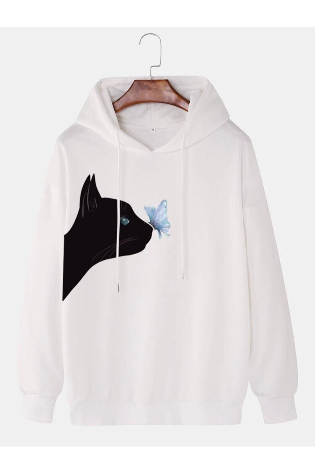 GIANTSTORE Kadın Beyaz Kedi Baskılı Sweatshirt