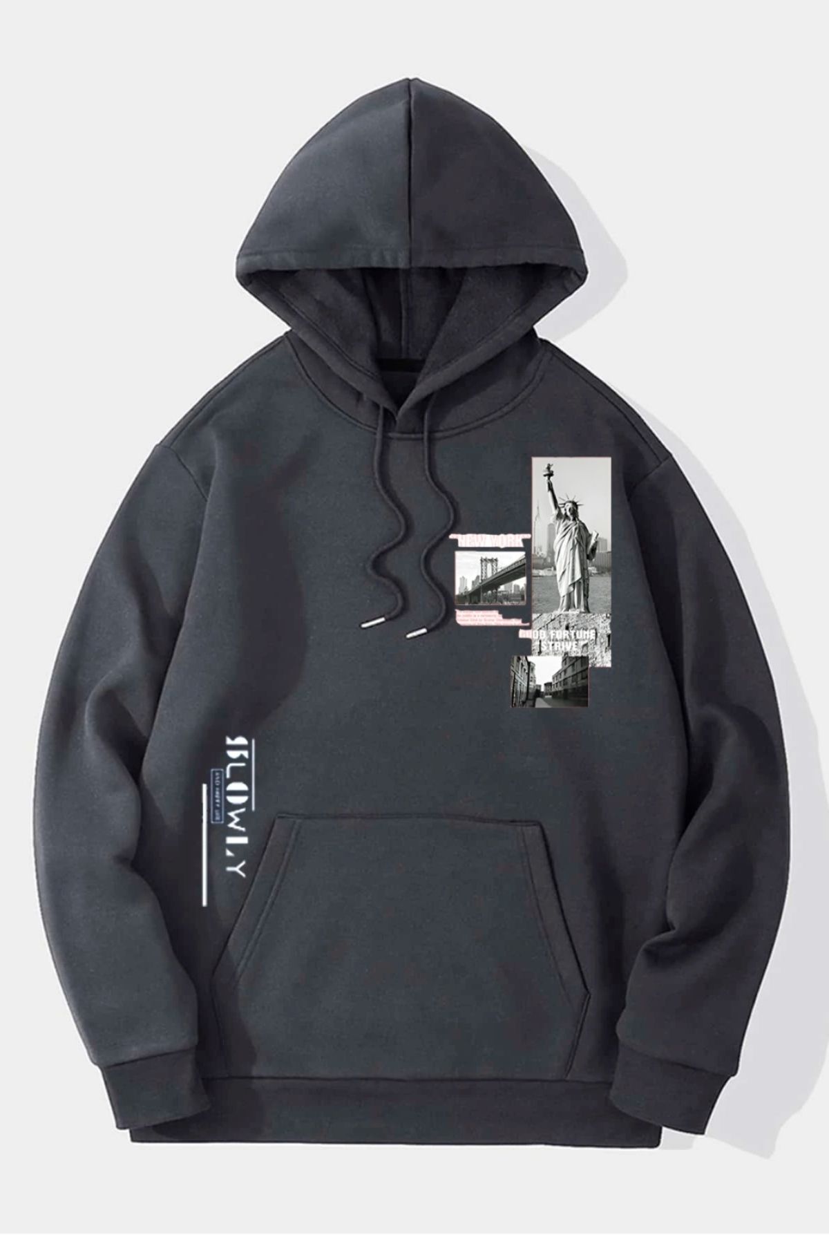 GIANTSTORE Antrasit Özgürlük Heykeli Baskılı Oversize Kapuşonlu Erkek Sweatshirt.