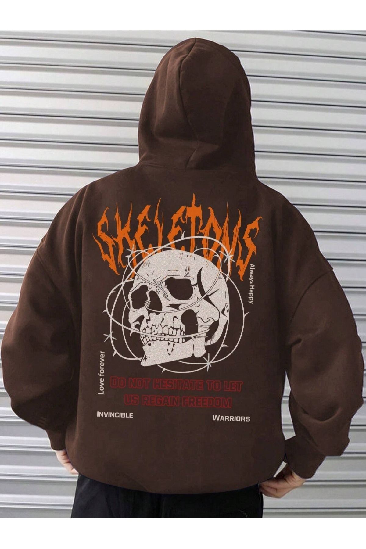 GIANTSTORE Kahve Rengi Skeleteus Baskılı Kapüşonlu Oversize Sweatshirt Erkek