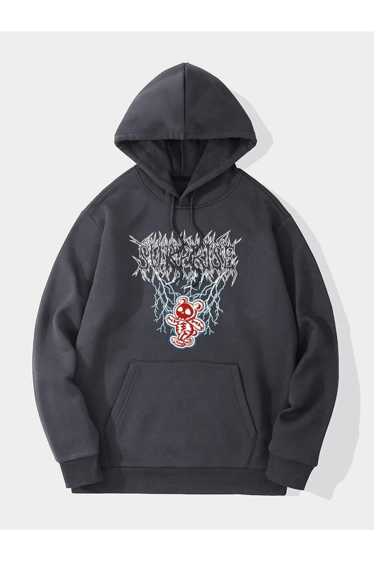 GIANTSTORE Antrasit Surprise Baskılı Oversize Kapüşonlu Erkek Sweatshirt