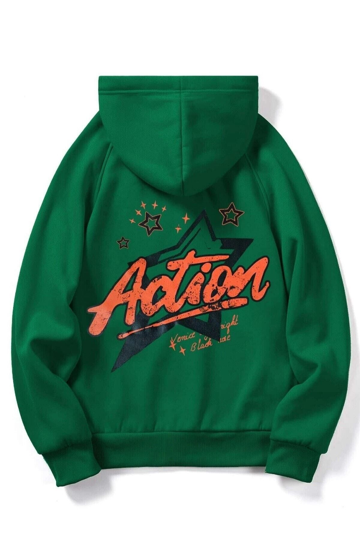 GIANTSTORE Yeşil Action Baskılı Oversize Kapüşonlu Erkek Sweatshirt