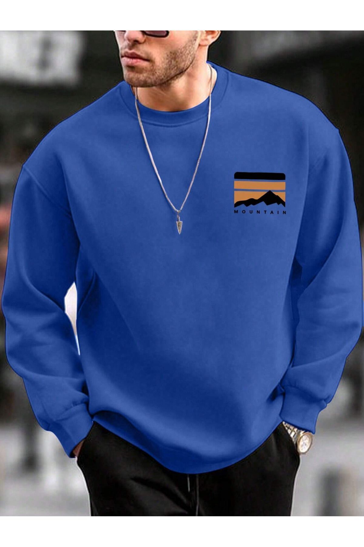 GIANTSTORE Mavi Mountain Baskılı Oversize Bisiklet Yaka Erkek Sweatshirt.