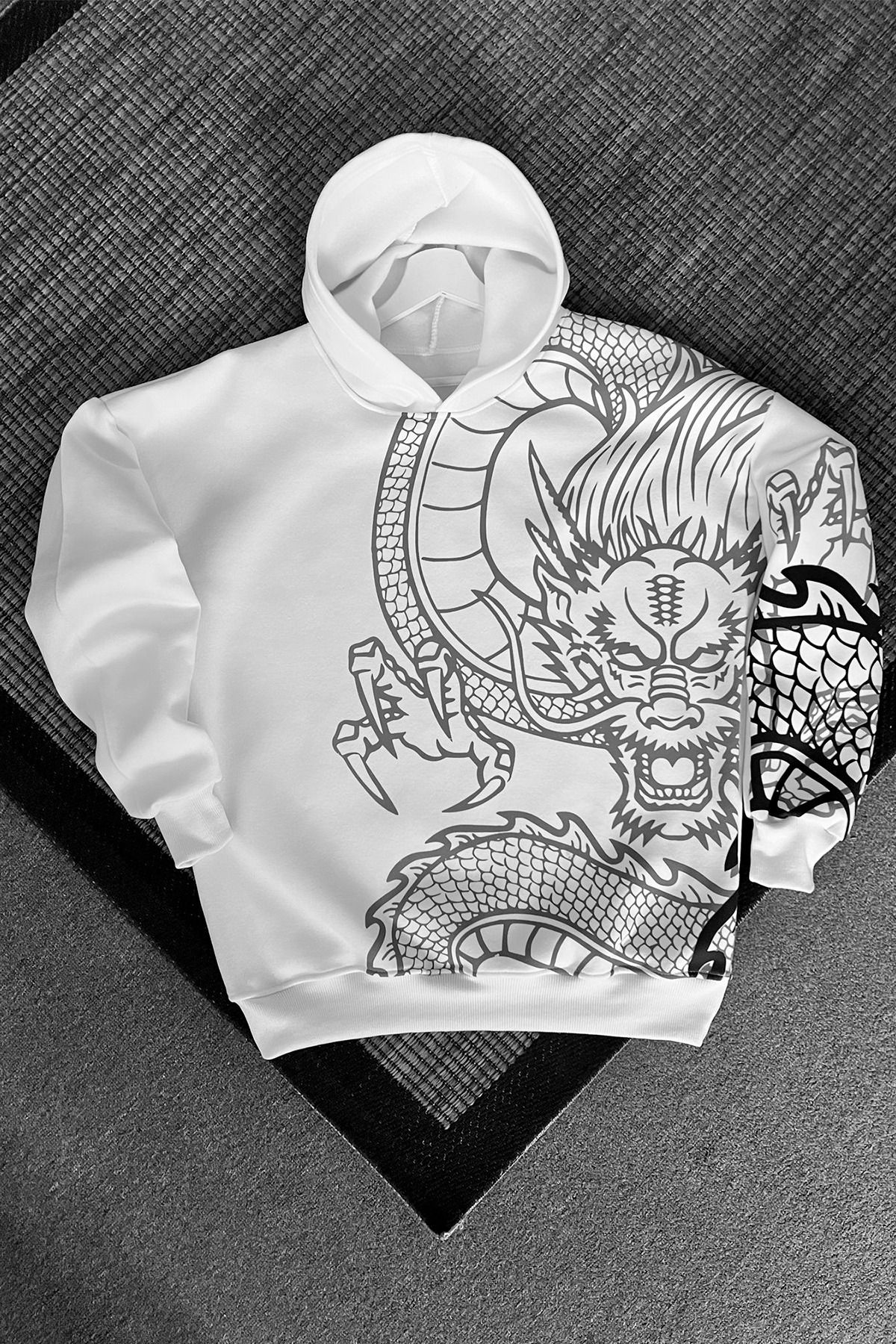 GIANTSTORE Erkek Ejder Baskılı Oversize Kapüşonlu Sweatshirt