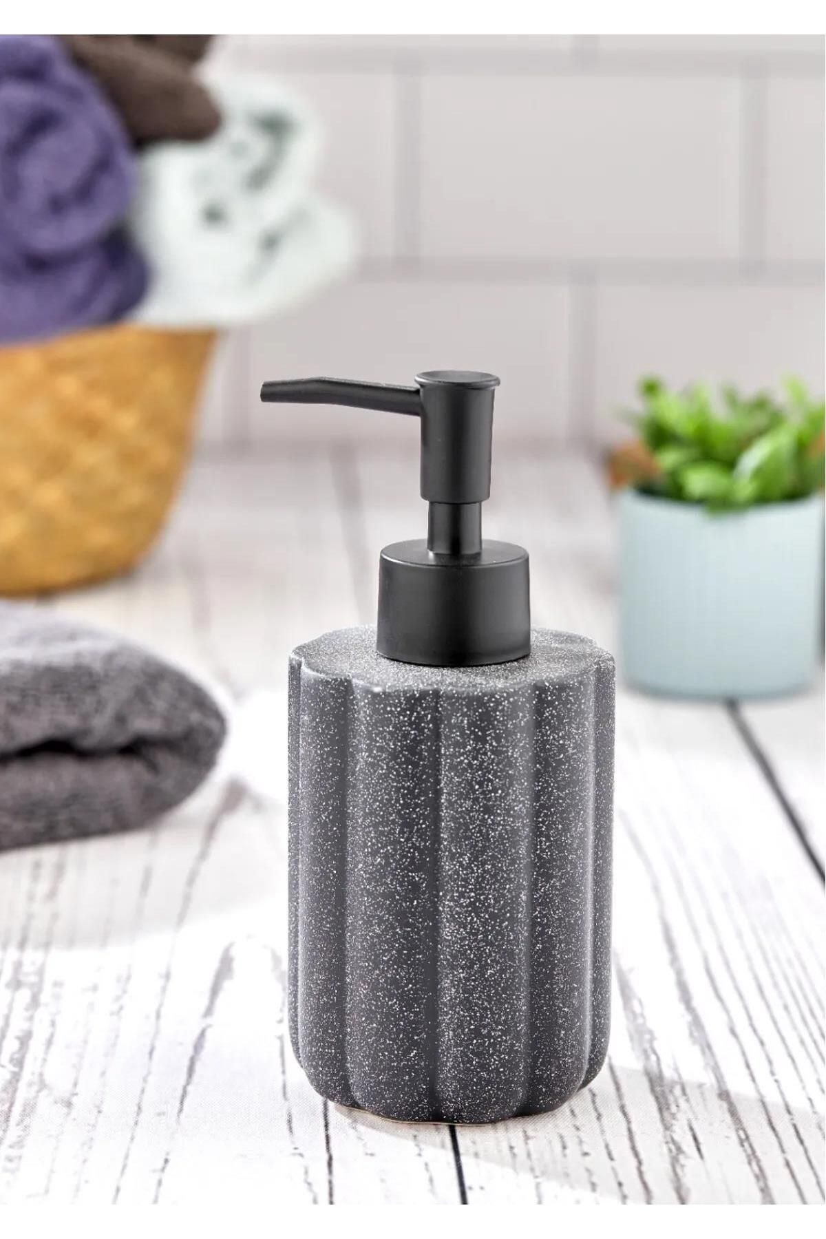 HomeTarz Taş Desenli Seramik Sıvı Sabunluk - Banyo Mutfak Sıvı Sabunluğu - 250 ML, Yuvarlak