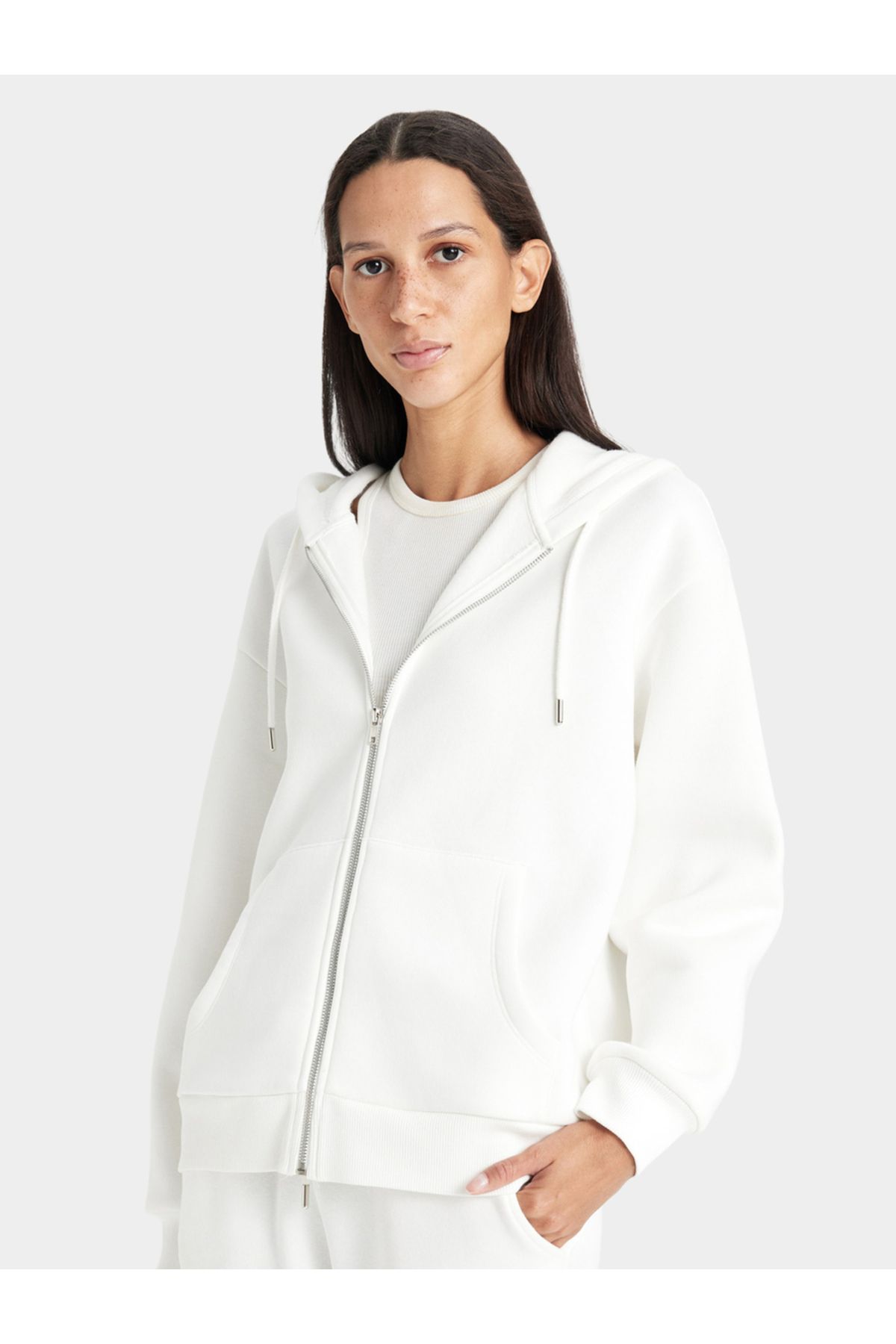 DeFacto-Plain Hooded Relaxed Fit Zip-Up Sweatshirt 2