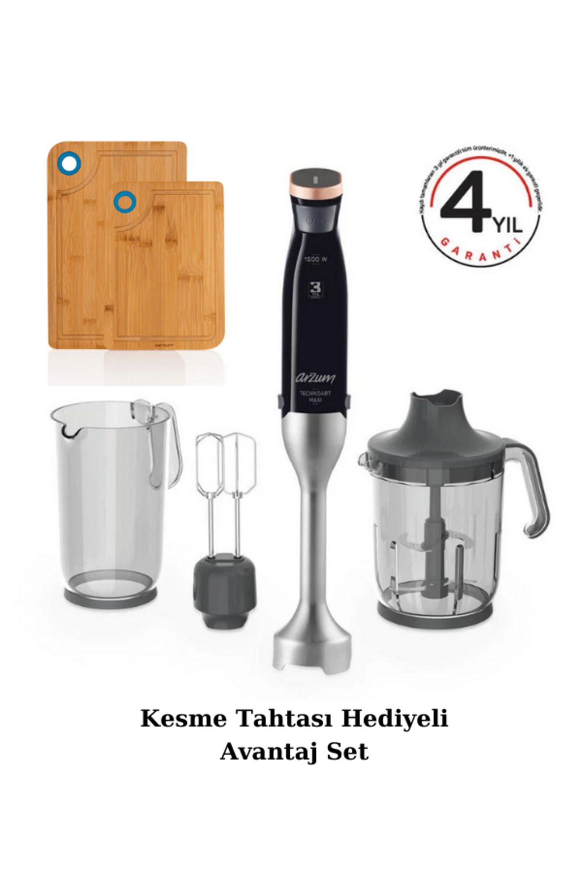 Arzum AR1065 Technoart Maxi 1500 W Blender Seti 6 Bıçaklı Siyah, Bambu Ahşap Kesme Tahtası Seti, 2 li Set