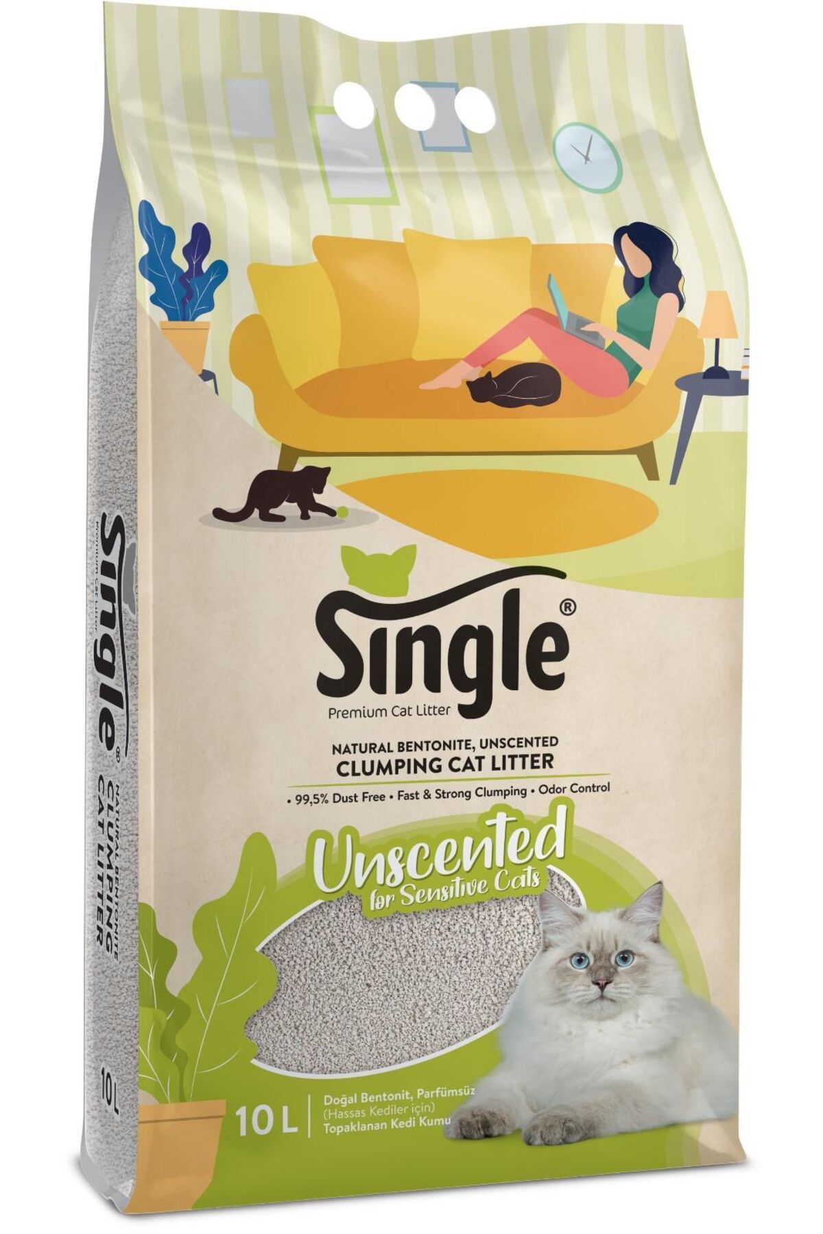 Single Bentonit Natural Kedi Kumu 10L (Kokusuz)