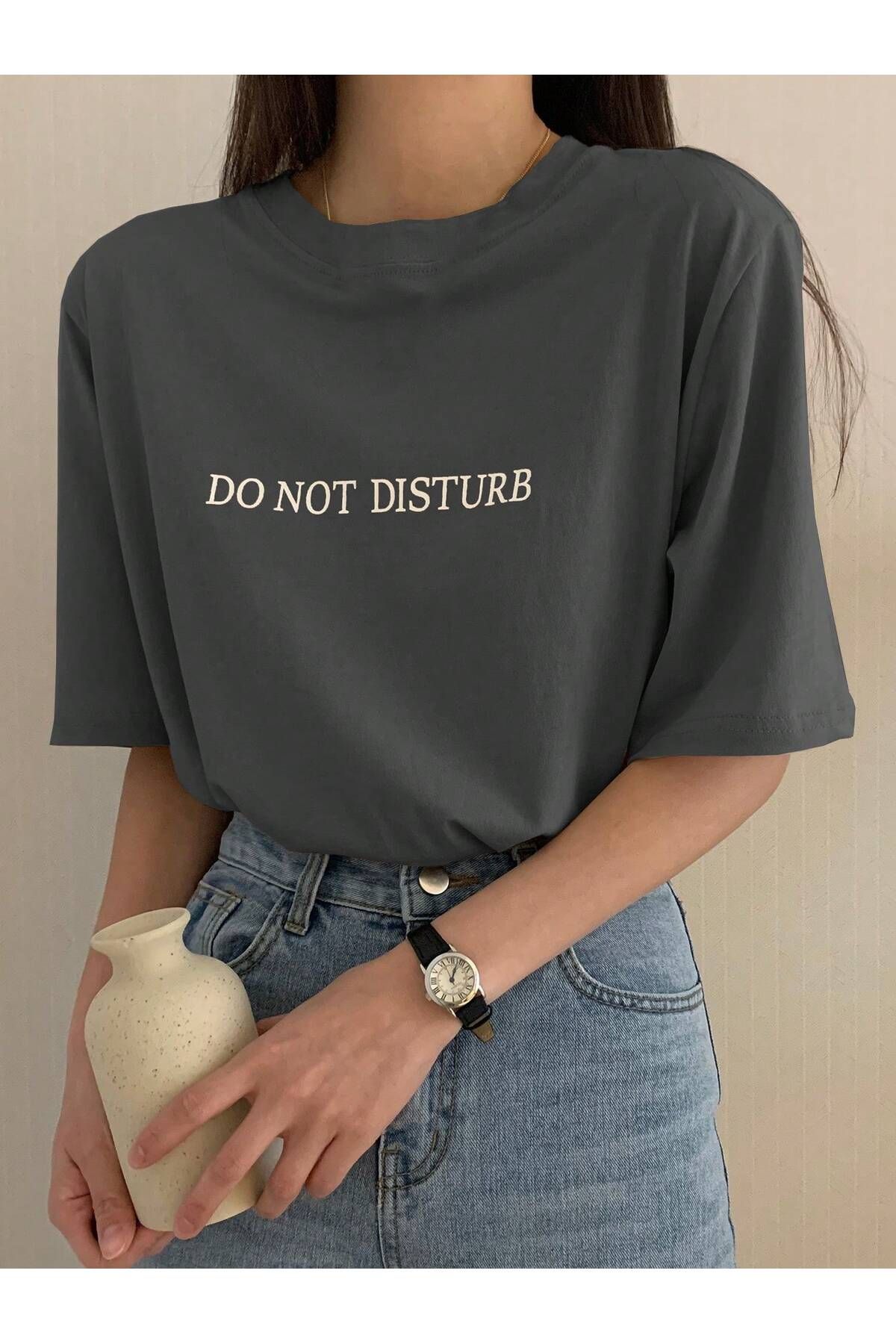 ALİKA Kadın Füme Do Not Dısturb Baskılı Oversize T-Shirt