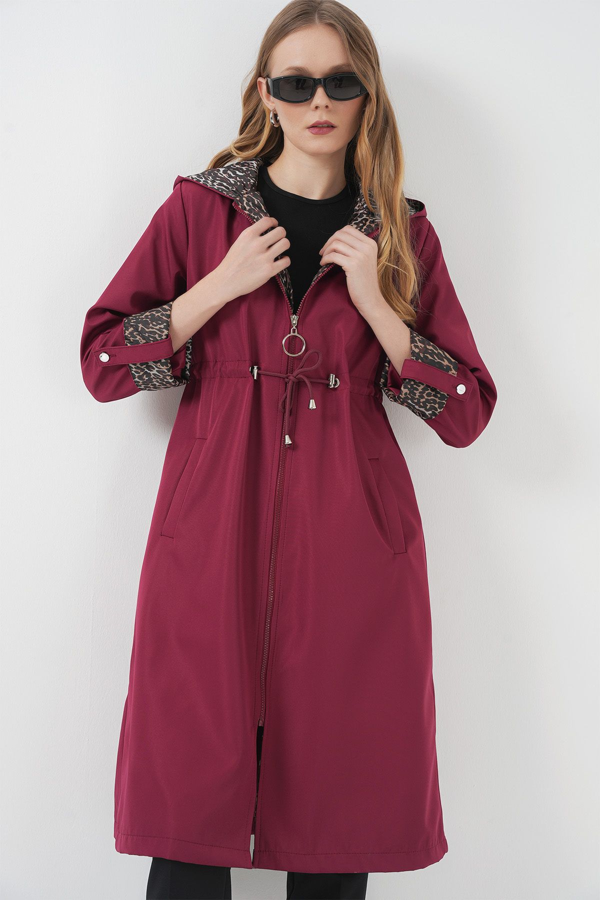 Bigdart-9091 Gathered Waist Hooded Trench Coat - Burgundy 3