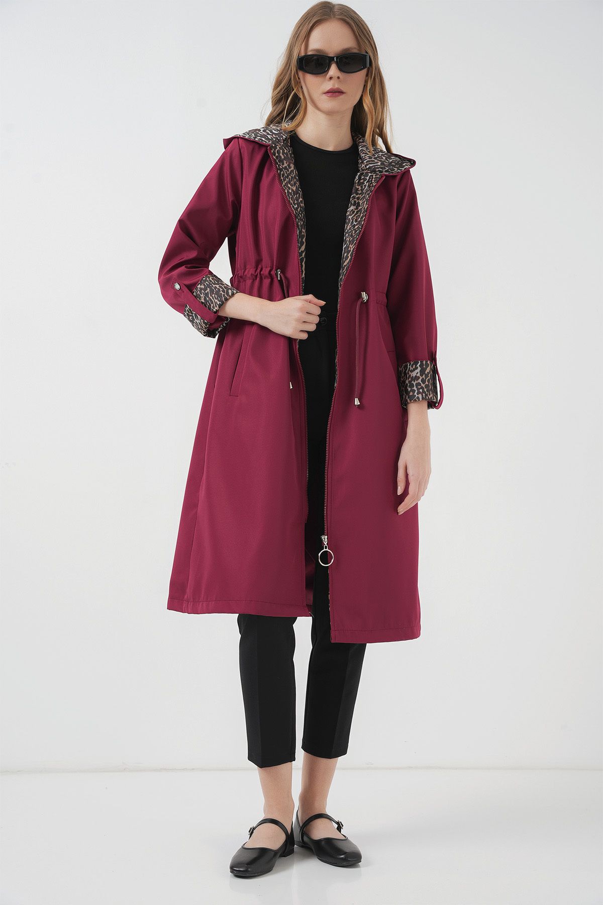 Bigdart-9091 Gathered Waist Hooded Trench Coat - Burgundy 2