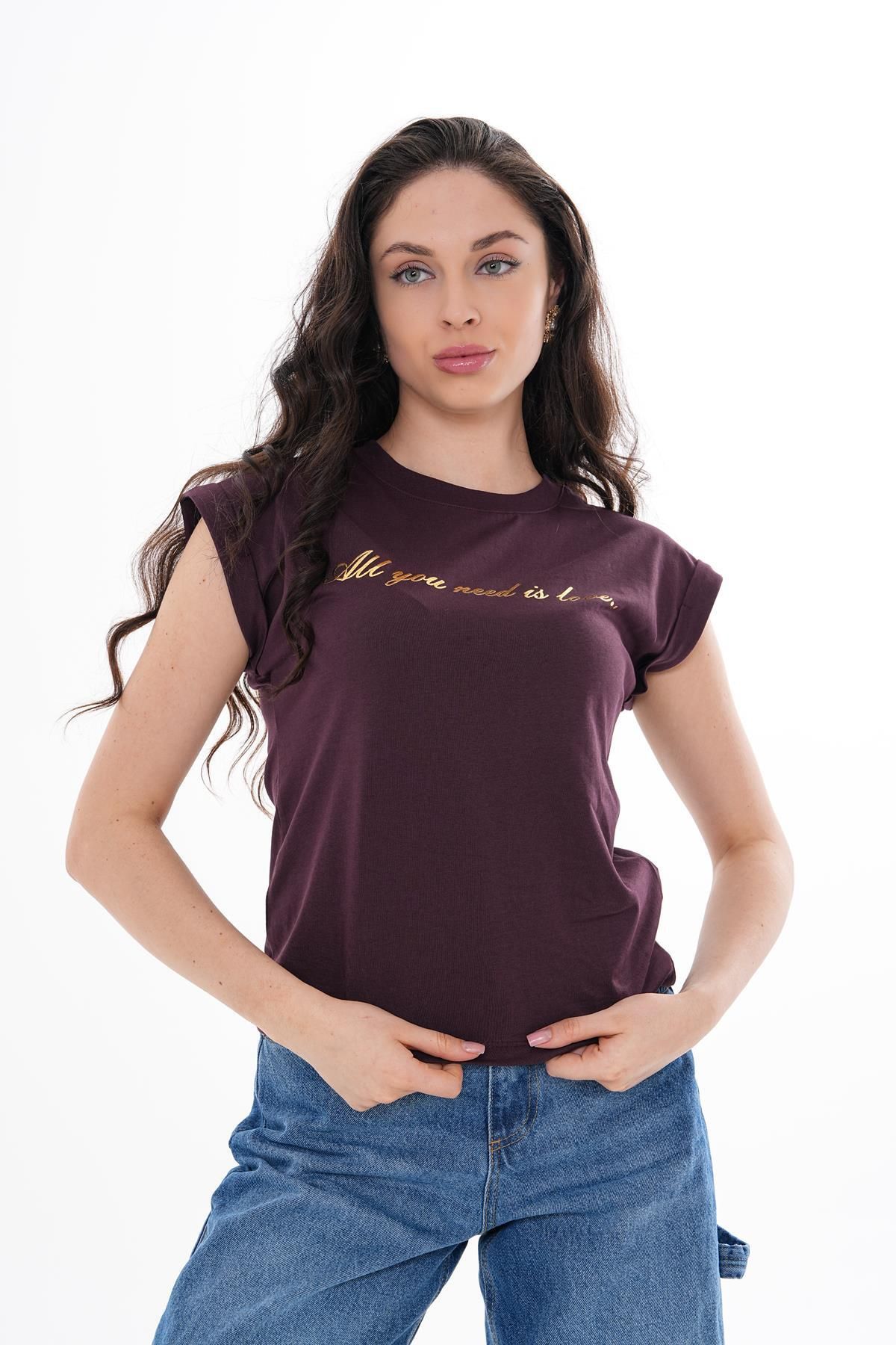 ŞİMAL-Women's Front Text Printed T-Shirt 250032   - 5