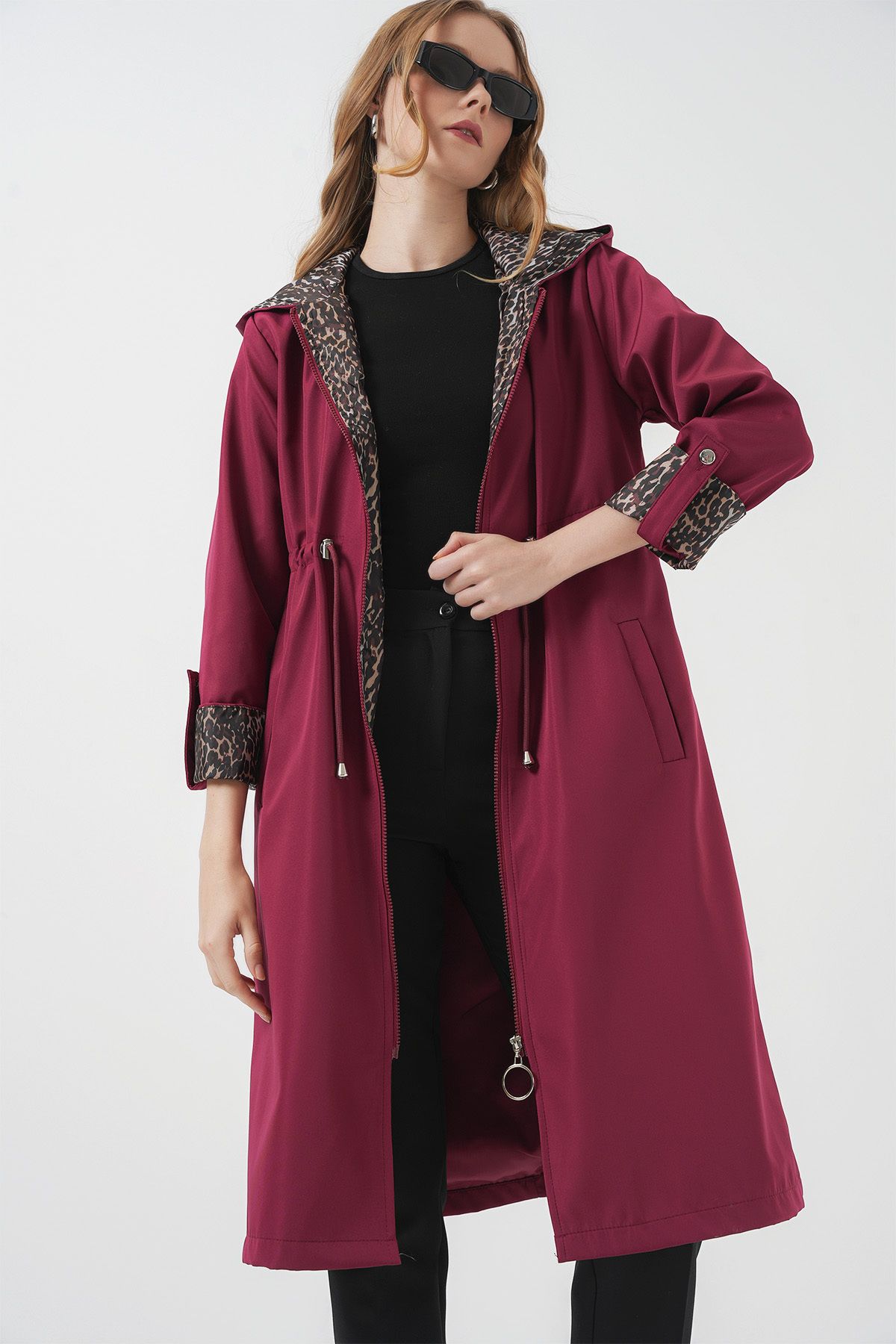 Bigdart-9091 Gathered Waist Hooded Trench Coat - Burgundy 1