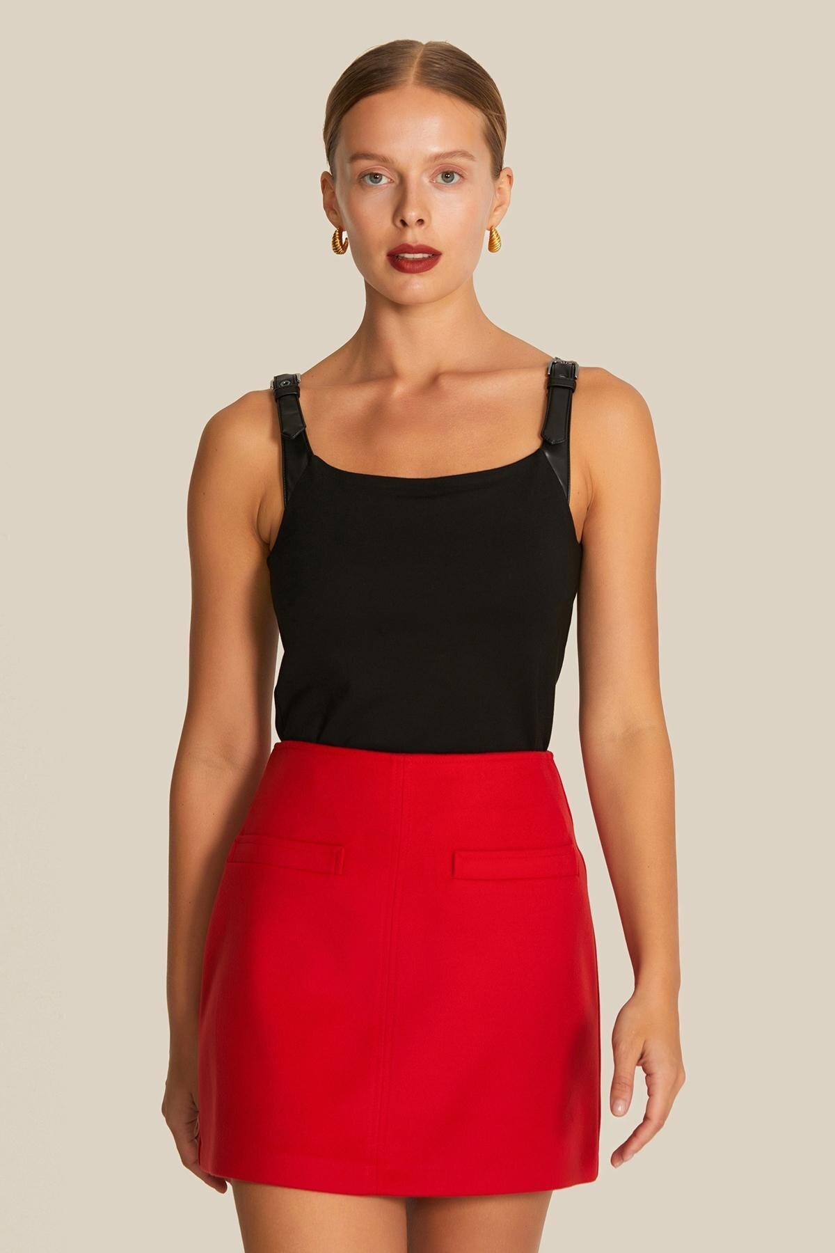 Black Blouse with Leather Strap Detail