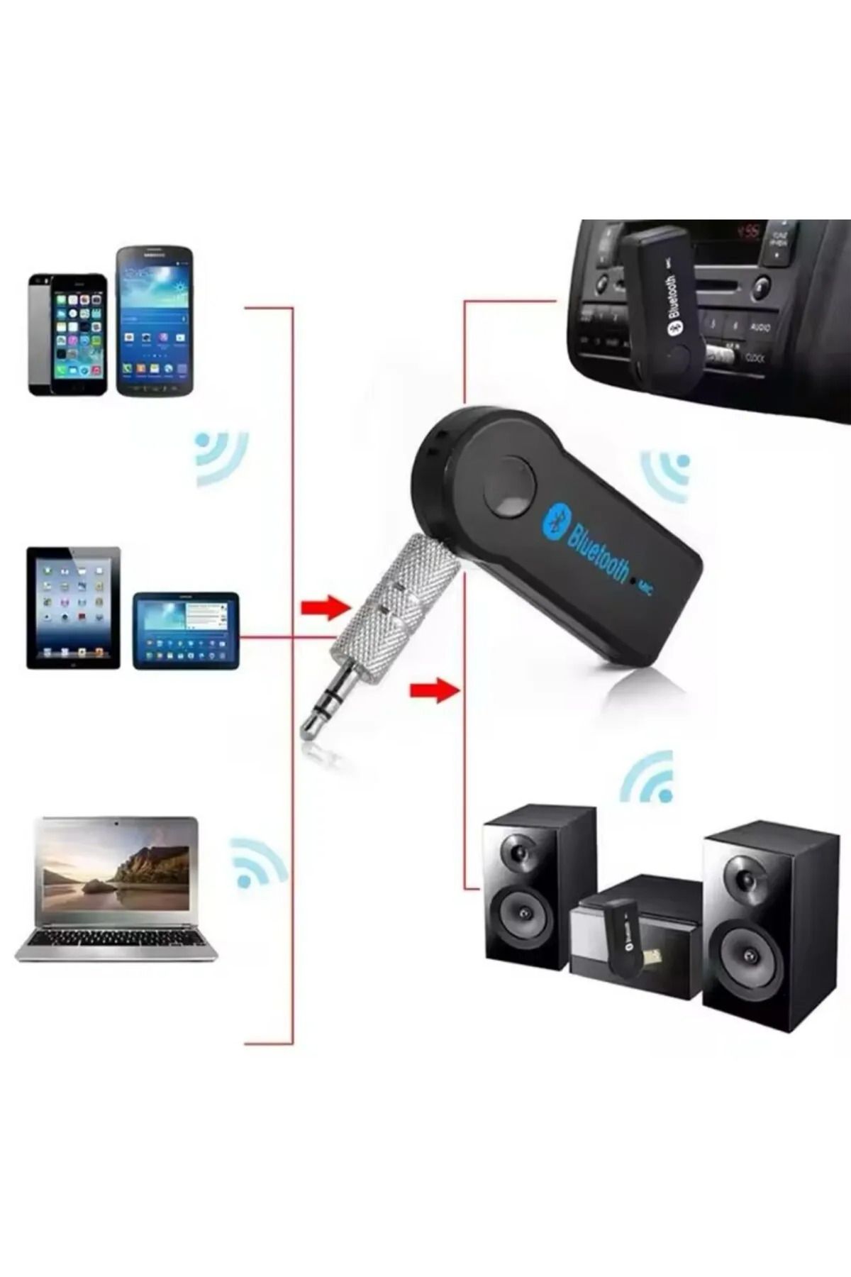 teknotrust Yeni Nesil Kablosuz Samsung/Xioami/Lg/Iphone Bluetooth Aux Araç Kiti Siyah