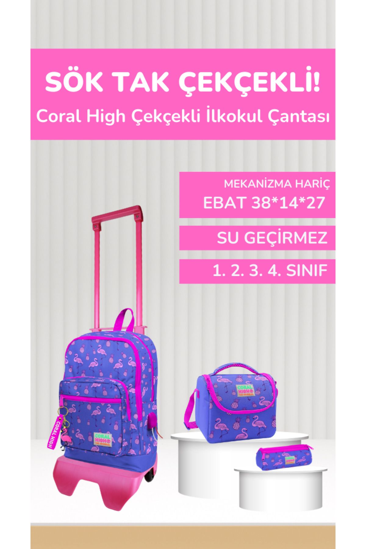 Coral High Kız Çocuk Çekçeki Okul Çantaları Mor Pembe flamingo Desenli Üç/Dört Bölmeli