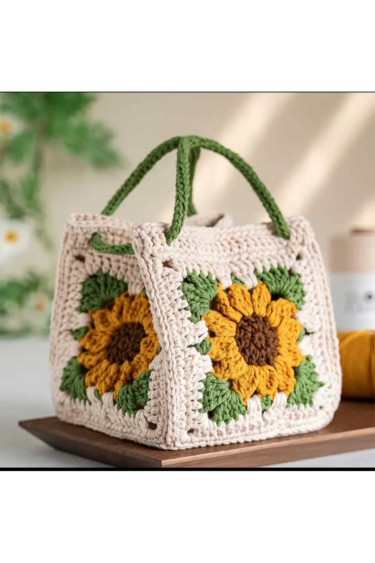 Kadın Girişimciler Atölyesi Ayçiçeği Motifli Model Handmade Örgü  % 100 Cotton Kadın El Çantası