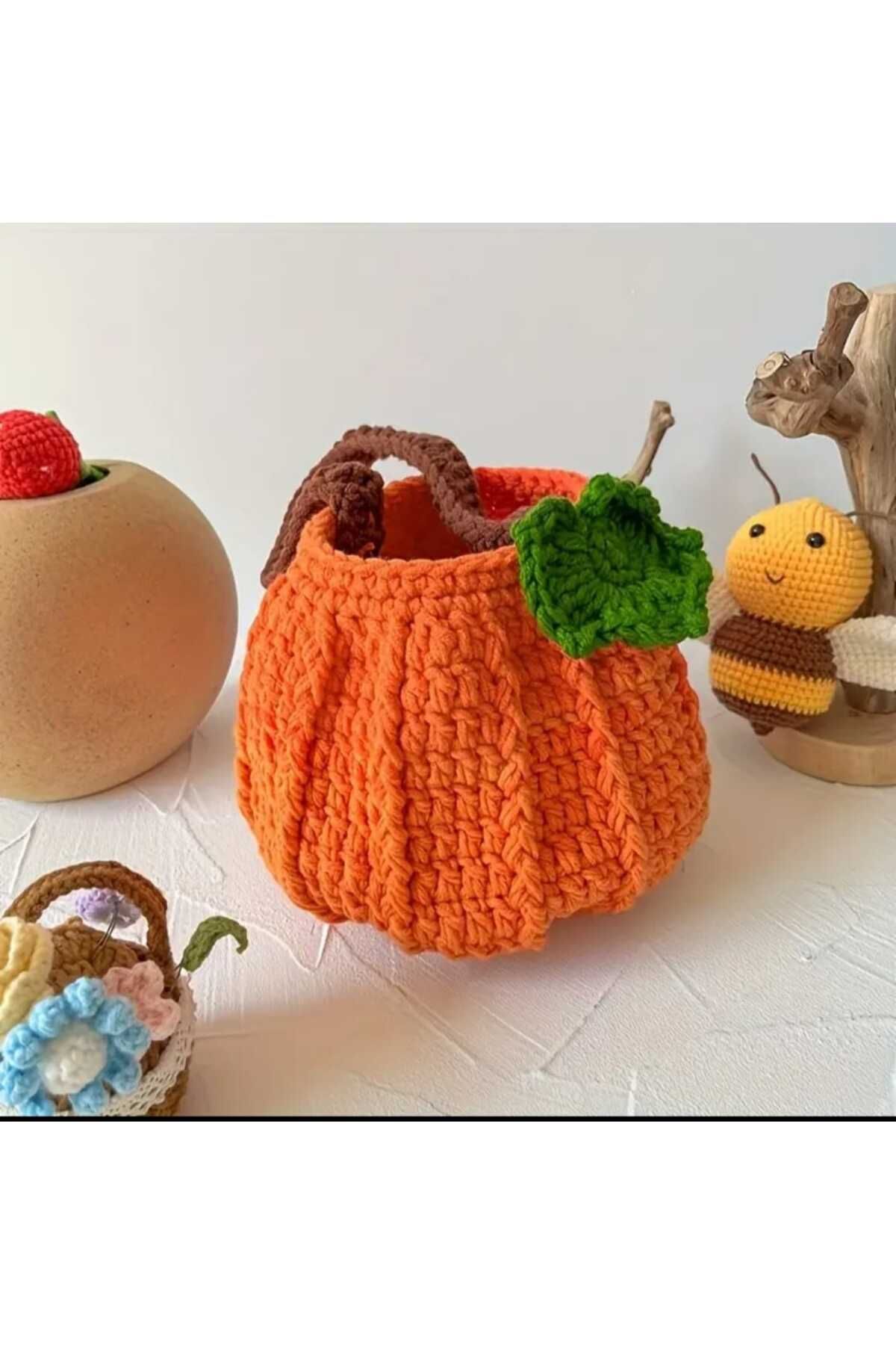 Kadın Girişimciler Atölyesi Balkabağı Motifli 3D Amigurumi Handmade Örgü  % 100 Cotton Trend Çanta