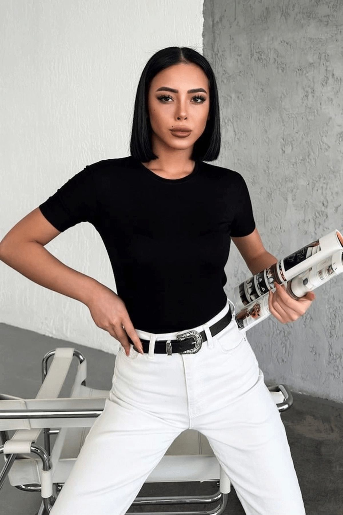 E-RICH Rahat Ve Şık Kısa Kollu Bisiklet Yaka Likralı Viskon Penye Body Siyah ( Lisinya )