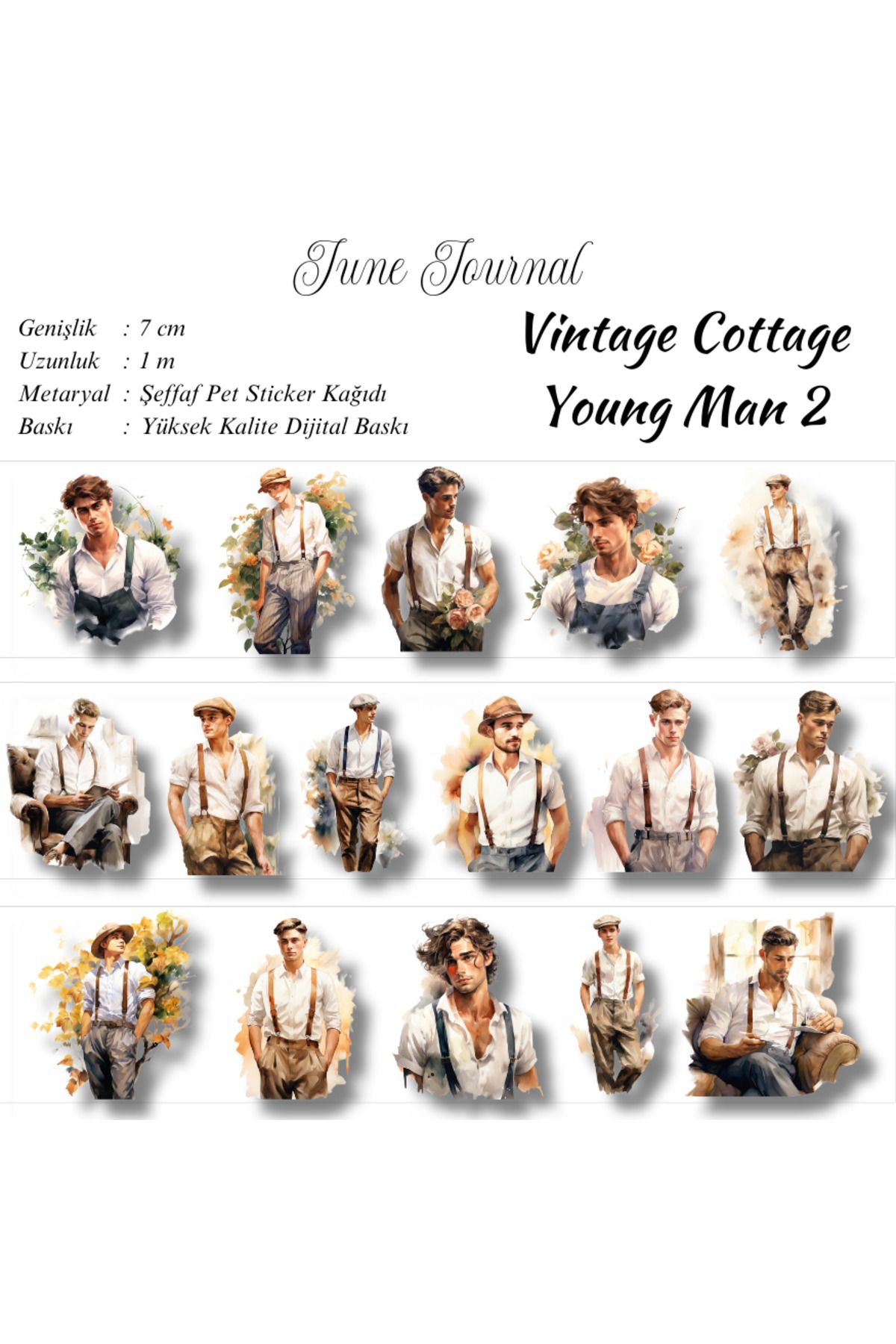 June Journal JJ03044 Vintage Cottage Young Man 2 Şeffaf Washitape  ( Bullet Journal Ve Ajandalar İçin İdealdir)