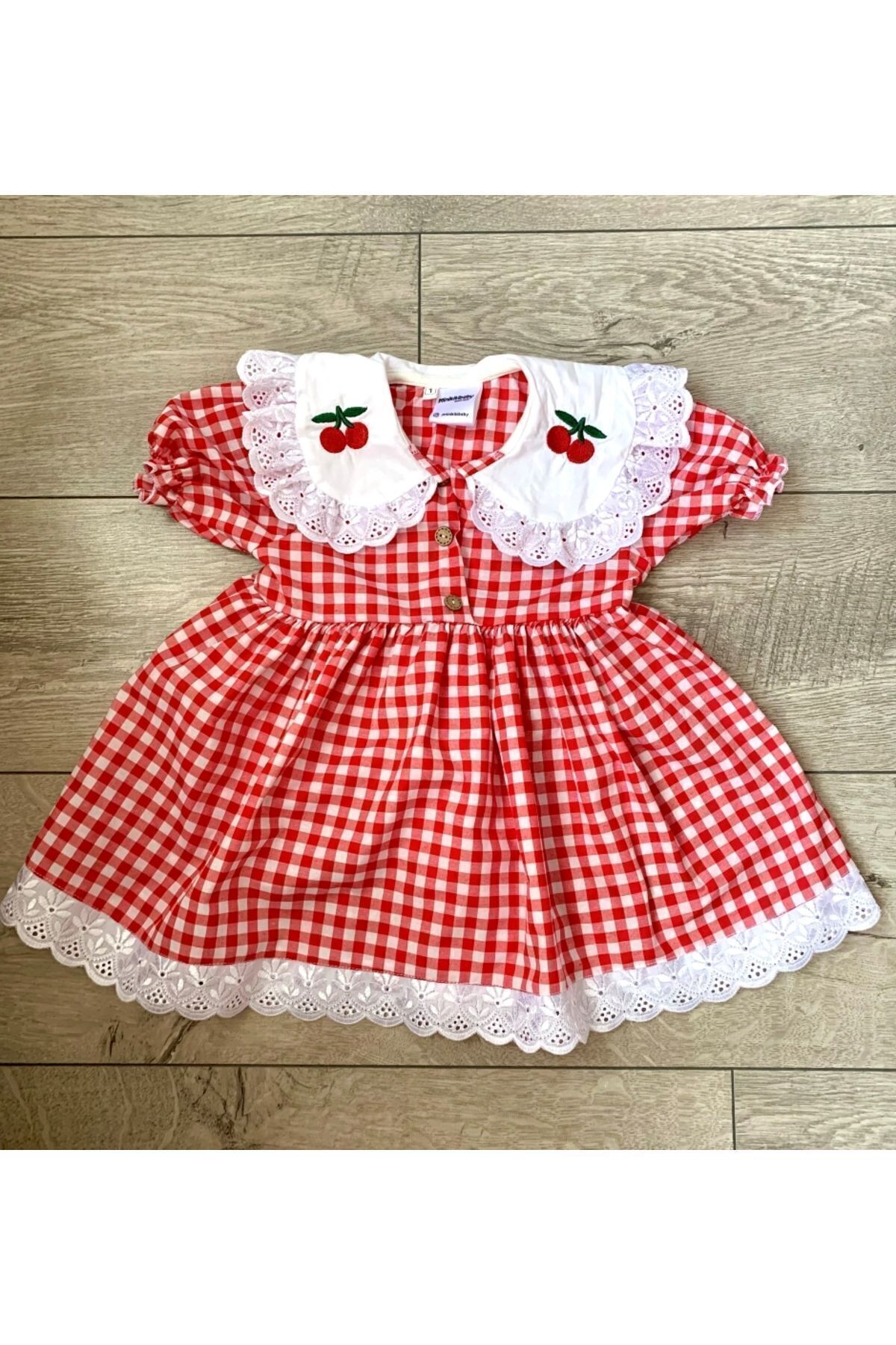 Minikiti Kız Çocuk Bebek Kırmızı Beyaz Pötikareli Kiraz Nakışlı Eteği Fistolu Fırfırlı Kısa Kollu Elbise fotoğrafı 5 (önizleme)