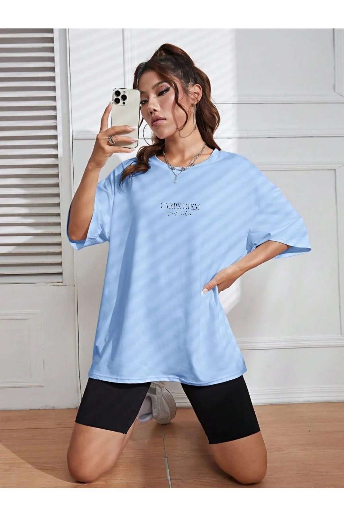 SUPER POZE Kadın CARPE DİEM Baskılı Yazlık Pamuklu Kumaş Oversize Kalıp Tshirt