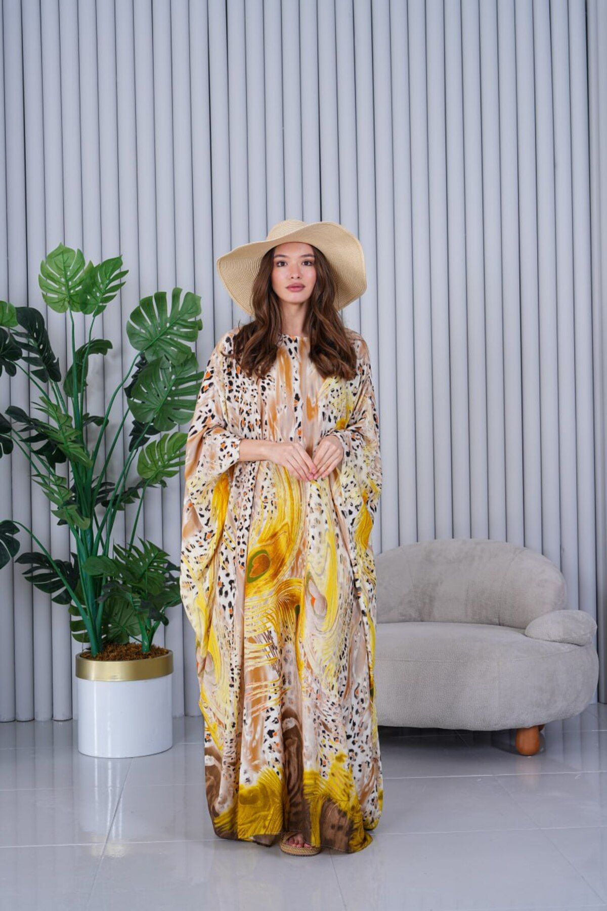 AYASOFYA OTANTIK Rochie De Damă, Galbenă, Leopard, Oversize, Largi, Mărimi Mari Femeie - Standard