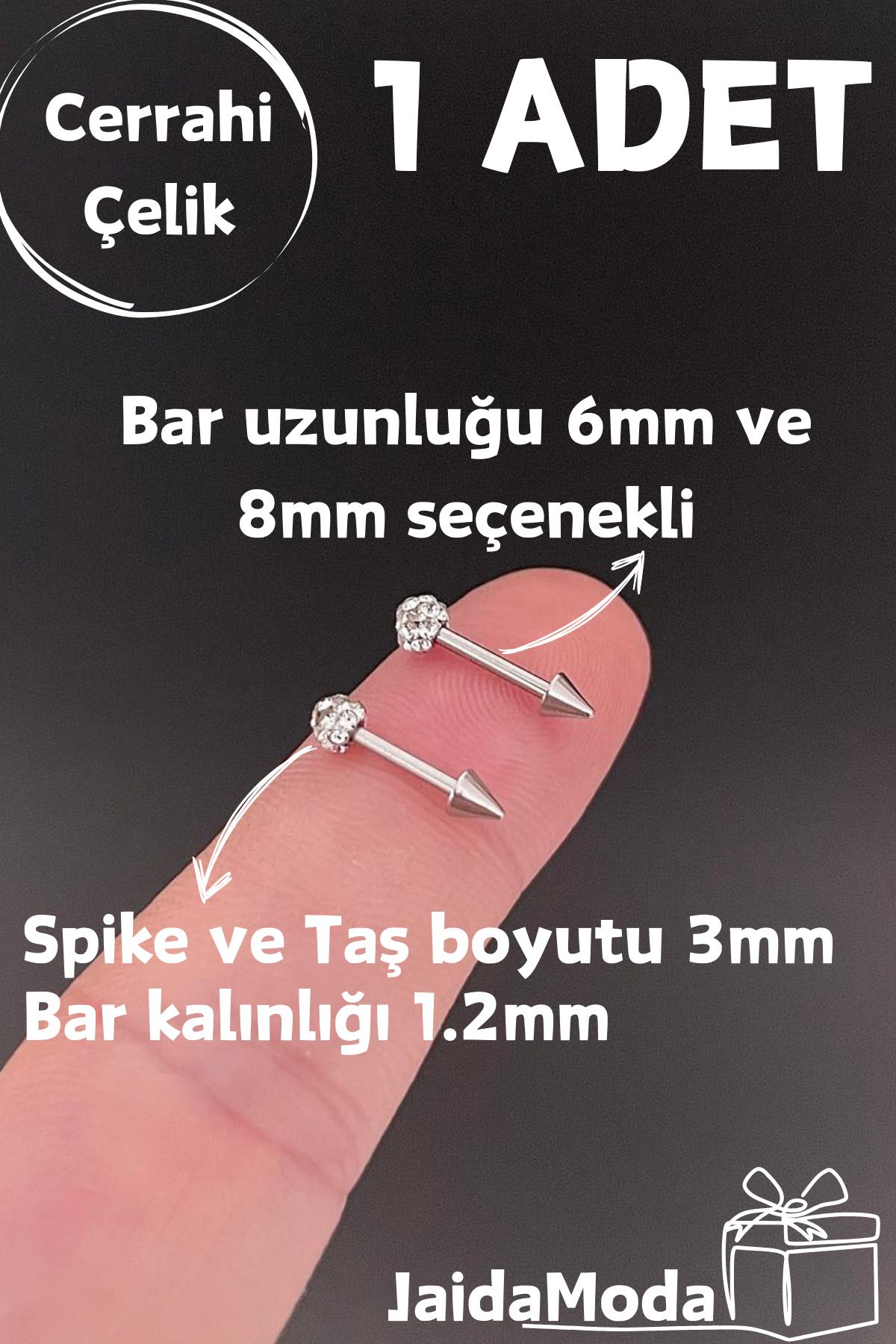 Jaida Moda Gümüş Kristal Taşlı ve Spike Uçlu Helix Tragus Çelik Piercing